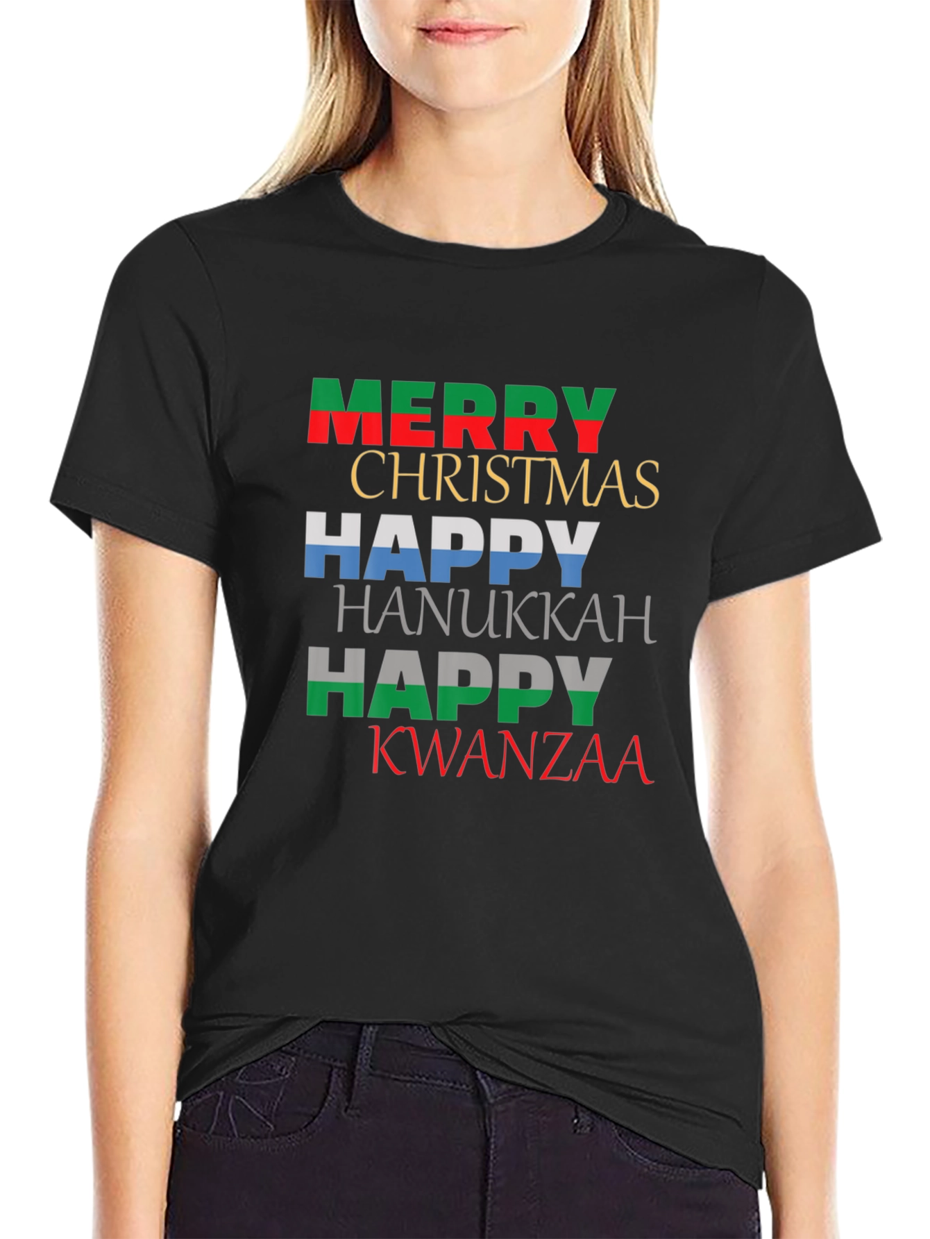 Holiday Greetings T-Shirt: Merry Christmas Happy Hanukkah Kwanzaa
