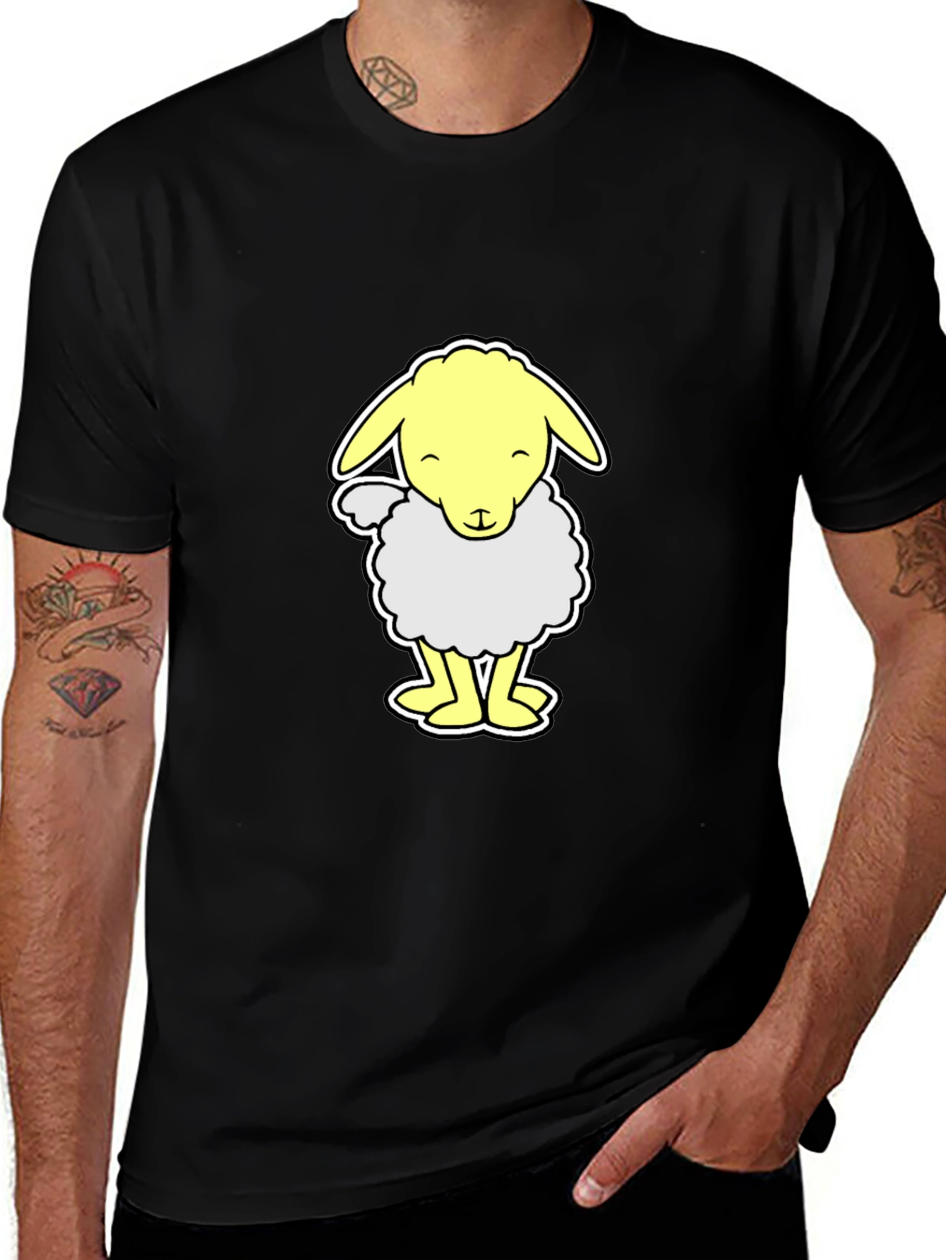 Cute Cartoon Sheep Graphic T-Shirt - Black