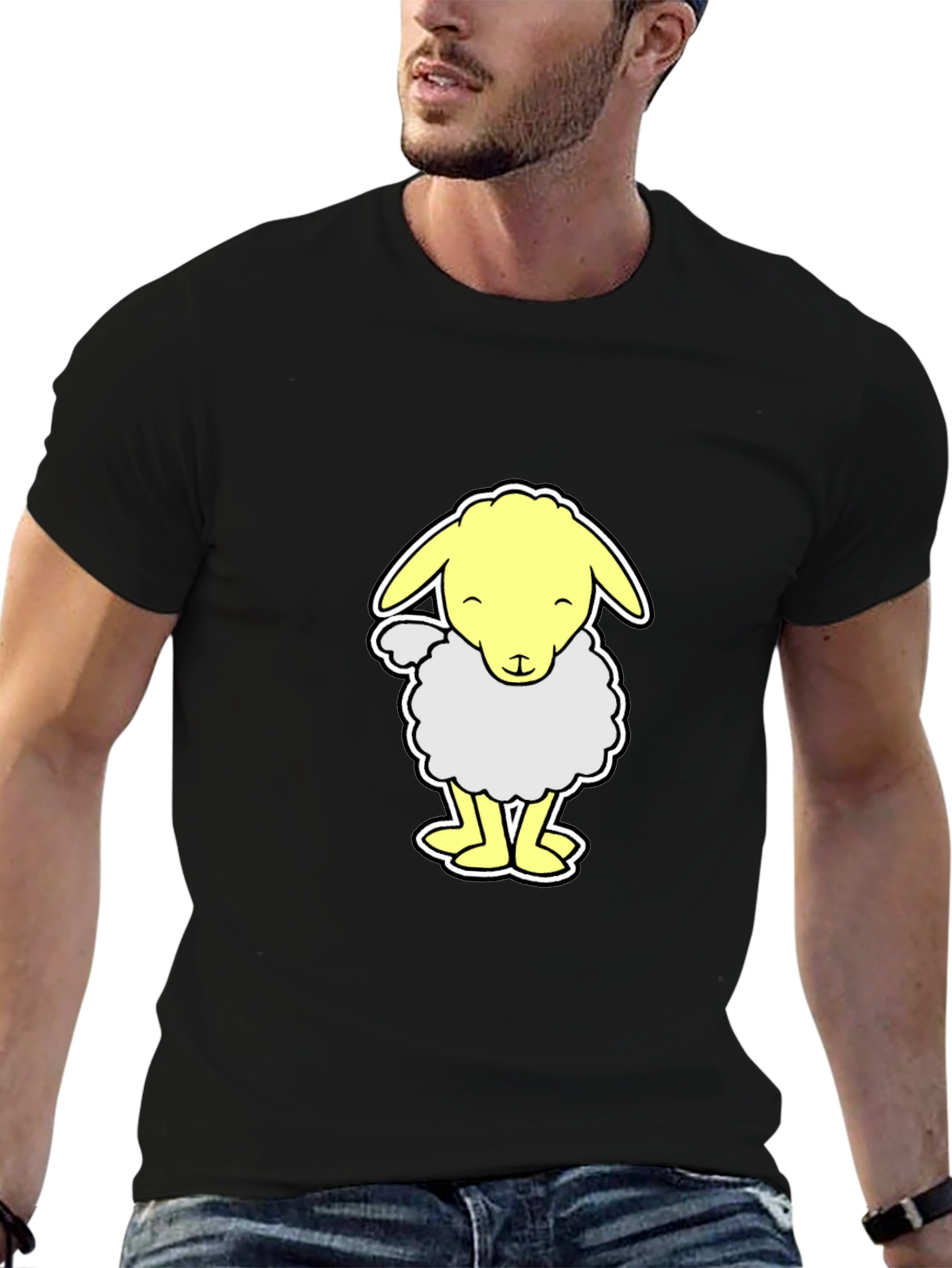 Cute Cartoon Sheep Graphic T-Shirt - Black