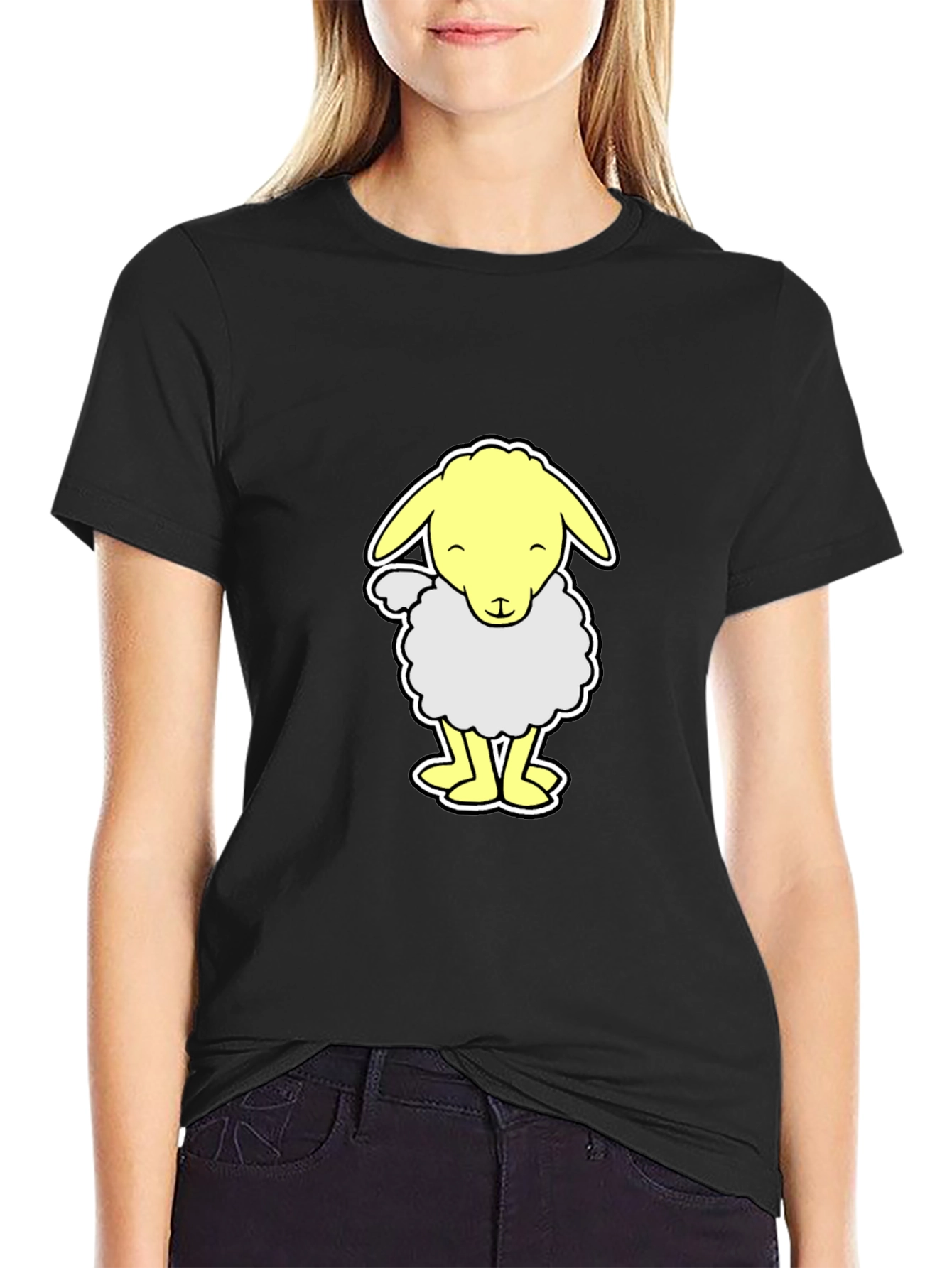 Cute Cartoon Sheep Graphic T-Shirt - Black