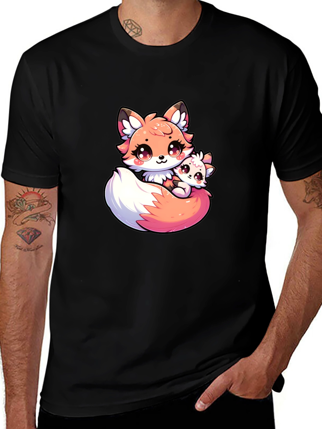 Cute Fox and Cub Black T-Shirt