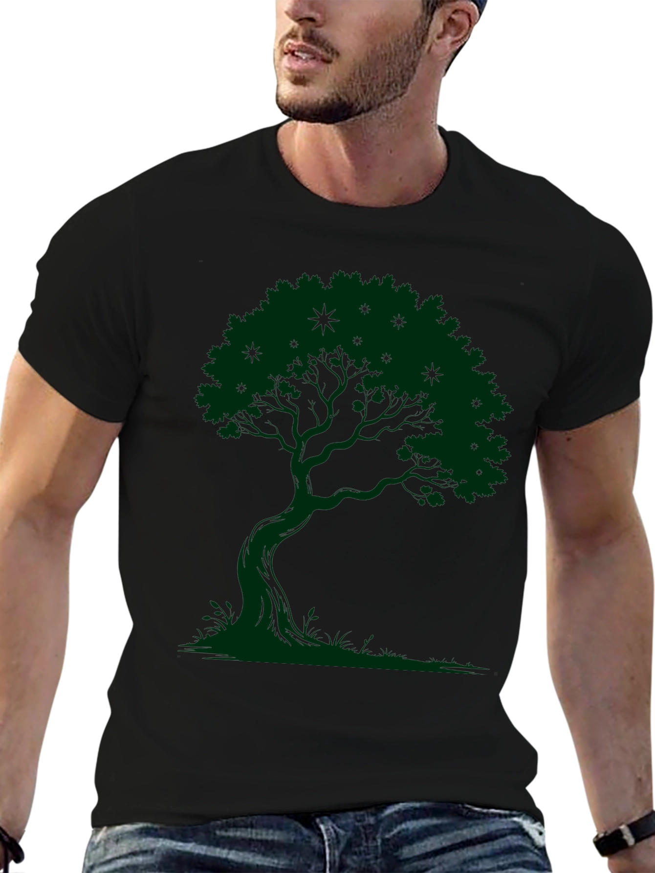 Green Tree Graphic Black T-Shirt