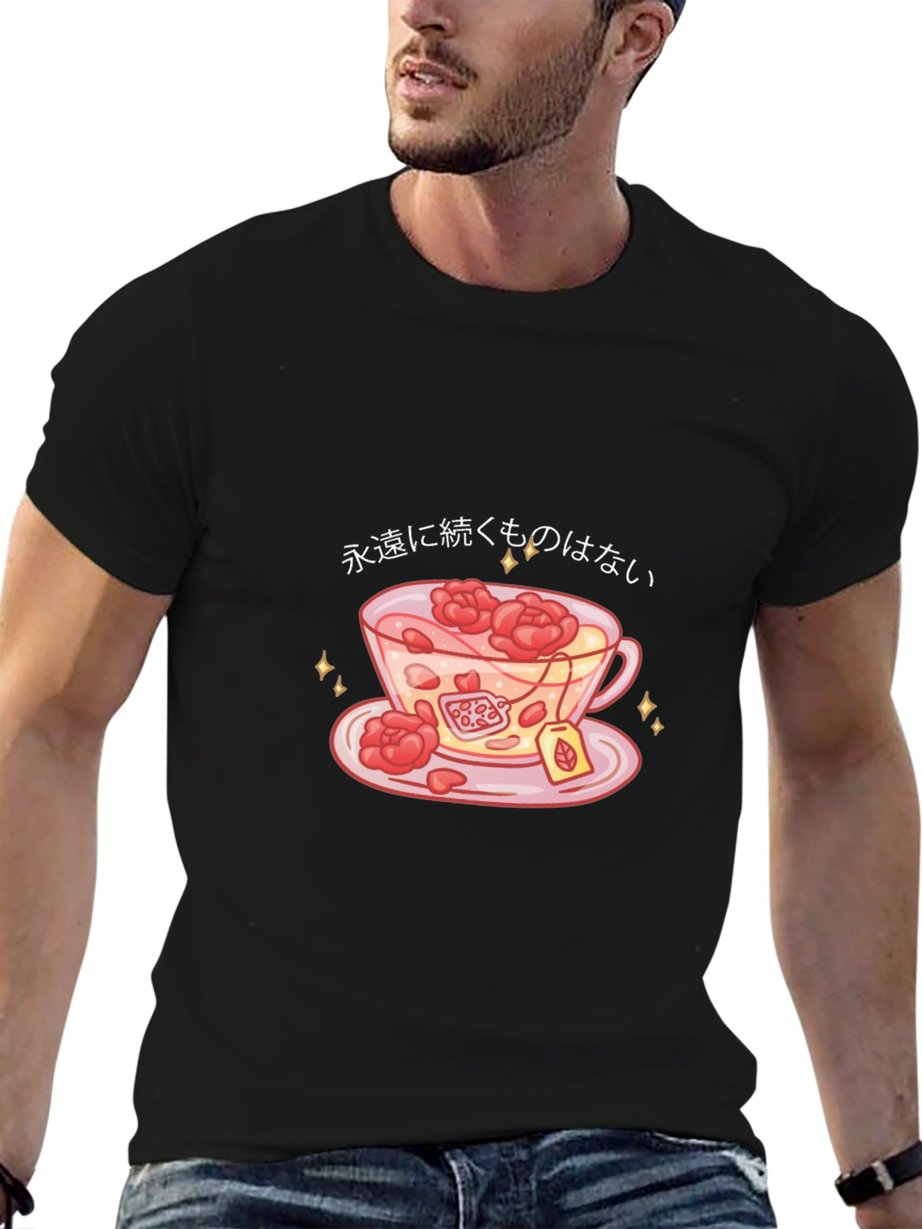 Black T-Shirt with Teacup and Floral Design