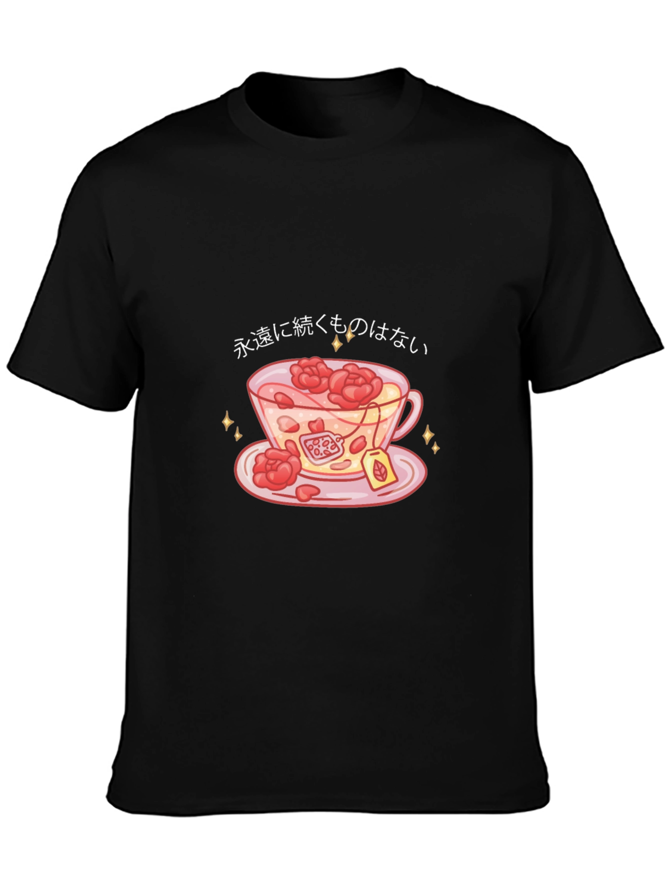 Black T-Shirt with Teacup and Floral Design