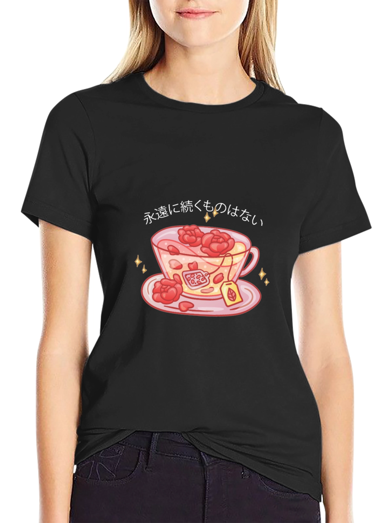 Black T-Shirt with Teacup and Floral Design