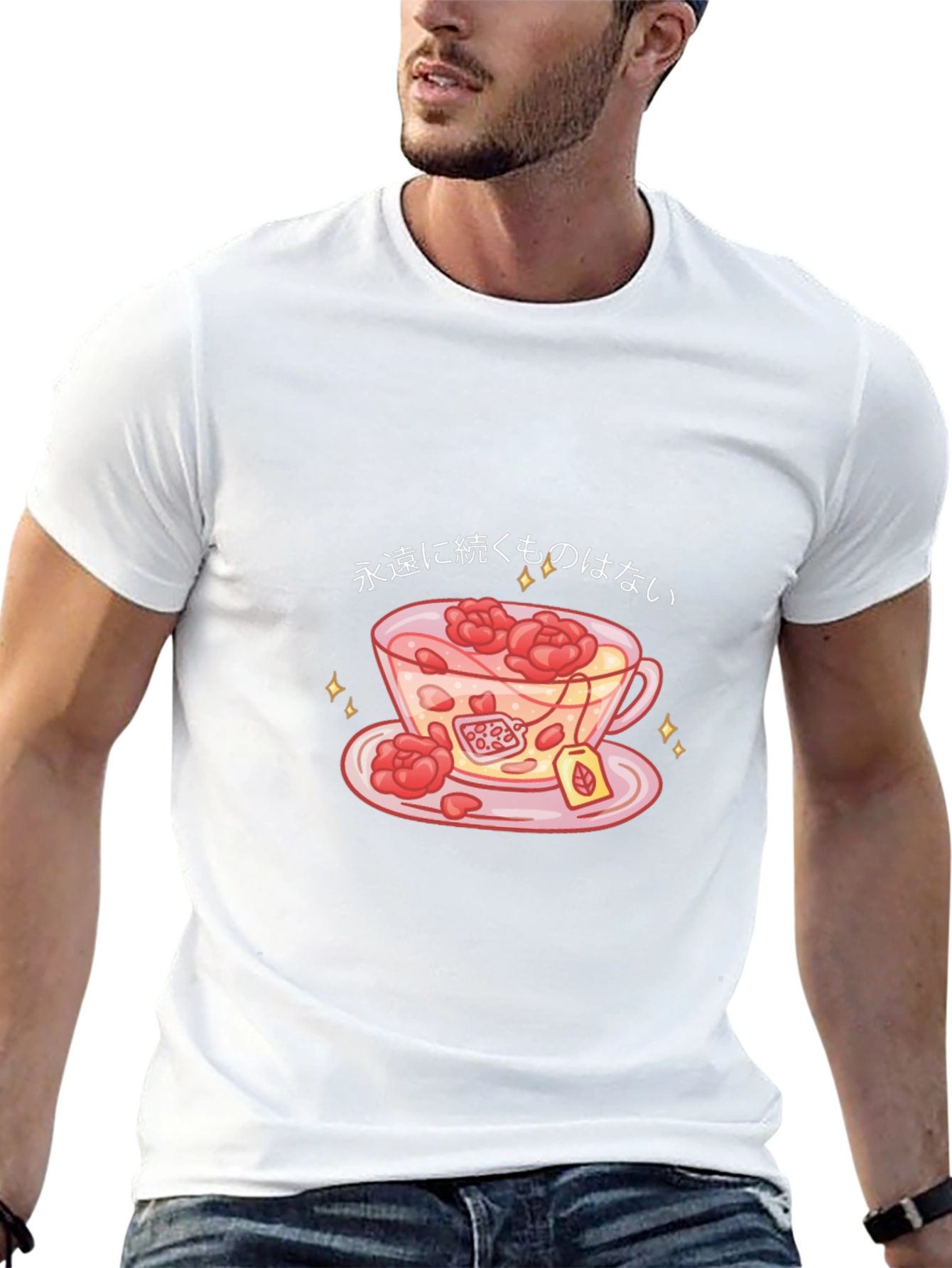 Black T-Shirt with Teacup and Floral Design