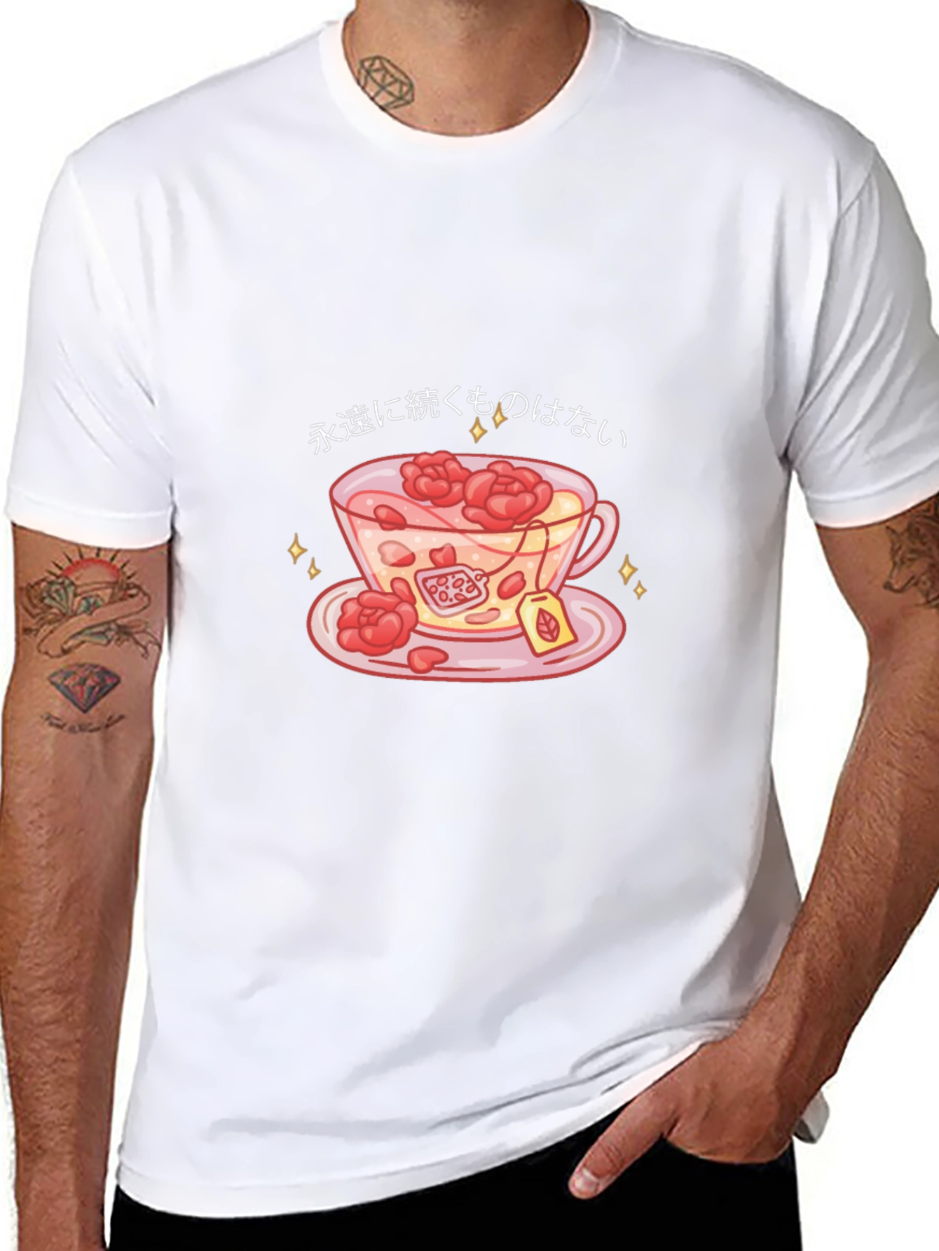 Black T-Shirt with Teacup and Floral Design