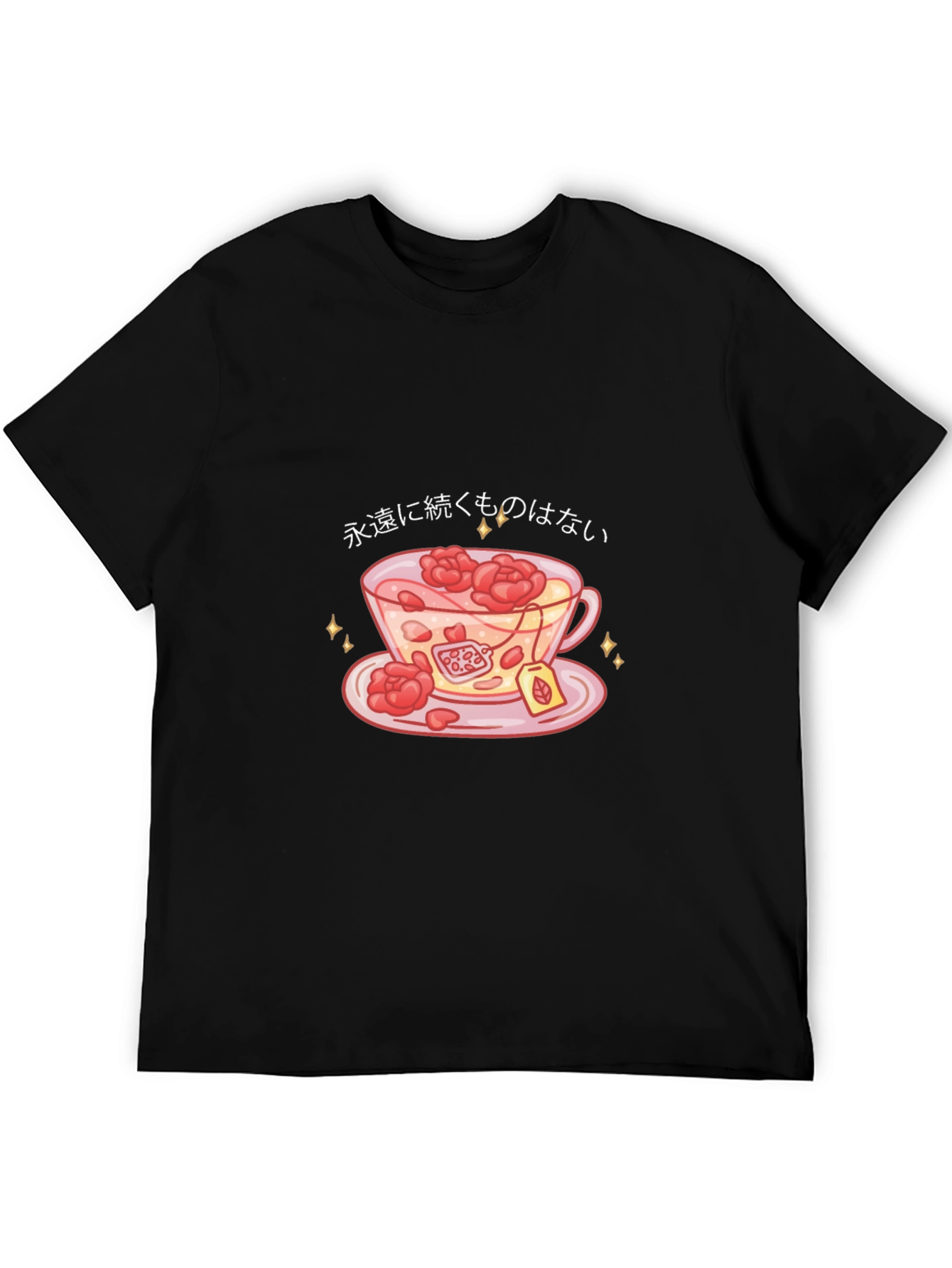 Black T-Shirt with Teacup and Floral Design