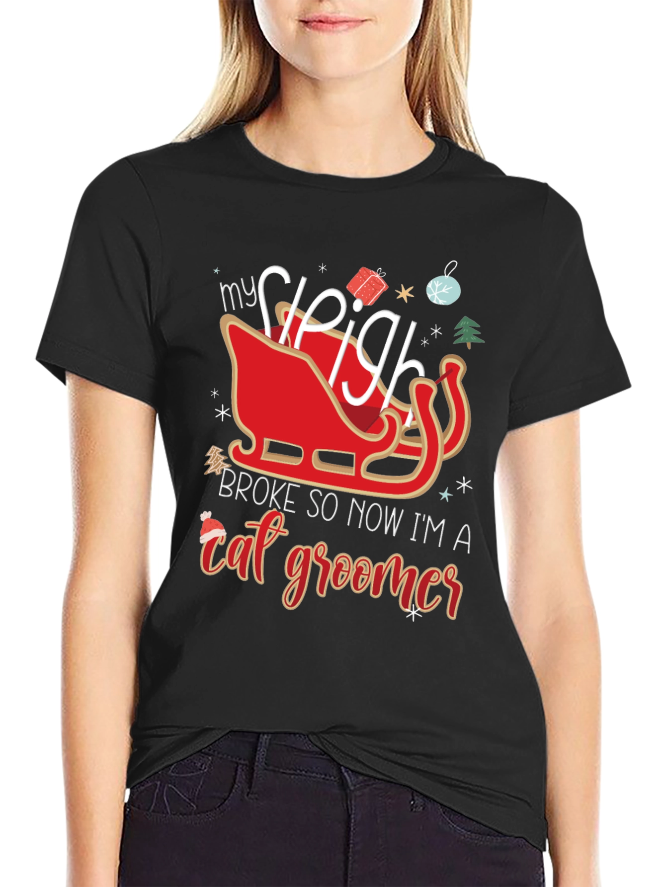 Funny Christmas Sleigh Cat Groomer T-Shirt