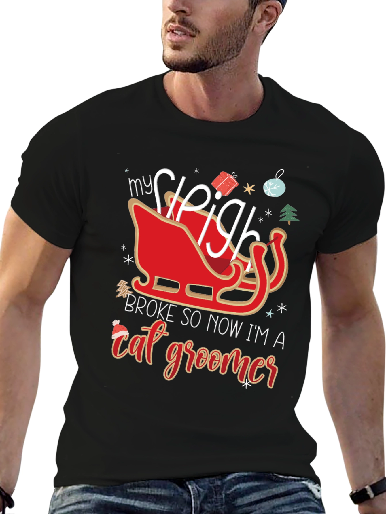Funny Christmas Sleigh Cat Groomer T-Shirt