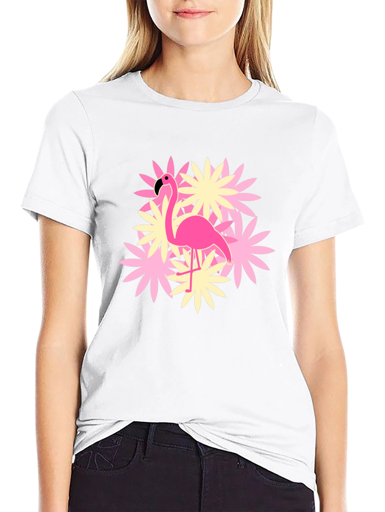 Flamingo Flower Graphic T-Shirt - Black