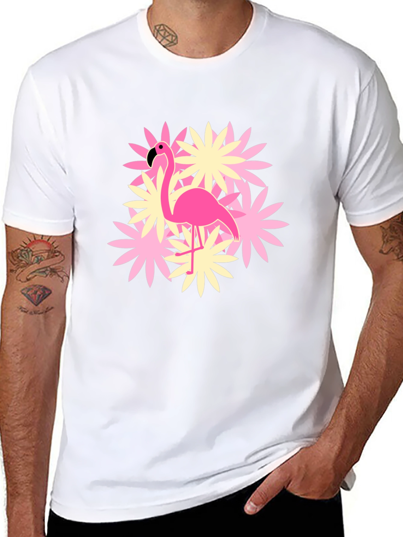 Flamingo Flower Graphic T-Shirt - Black