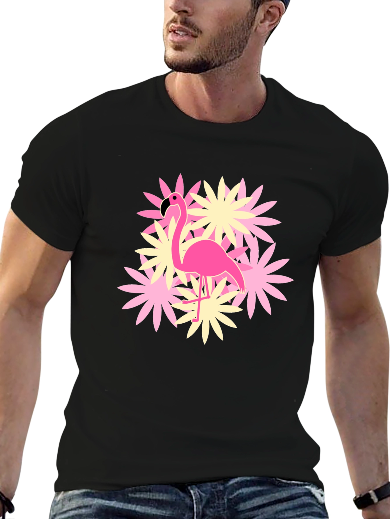 Flamingo Flower Graphic T-Shirt - Black