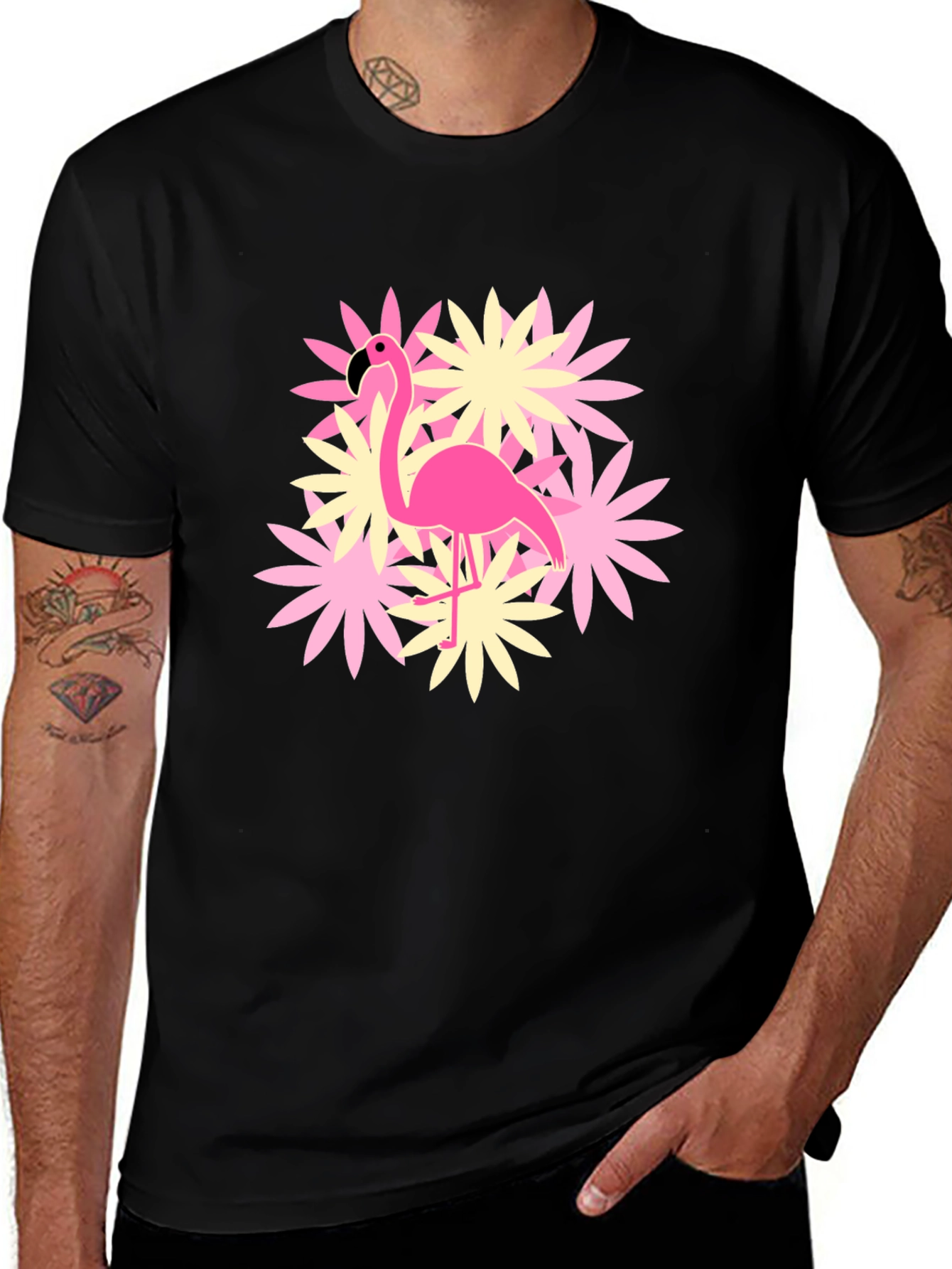 Flamingo Flower Graphic T-Shirt - Black