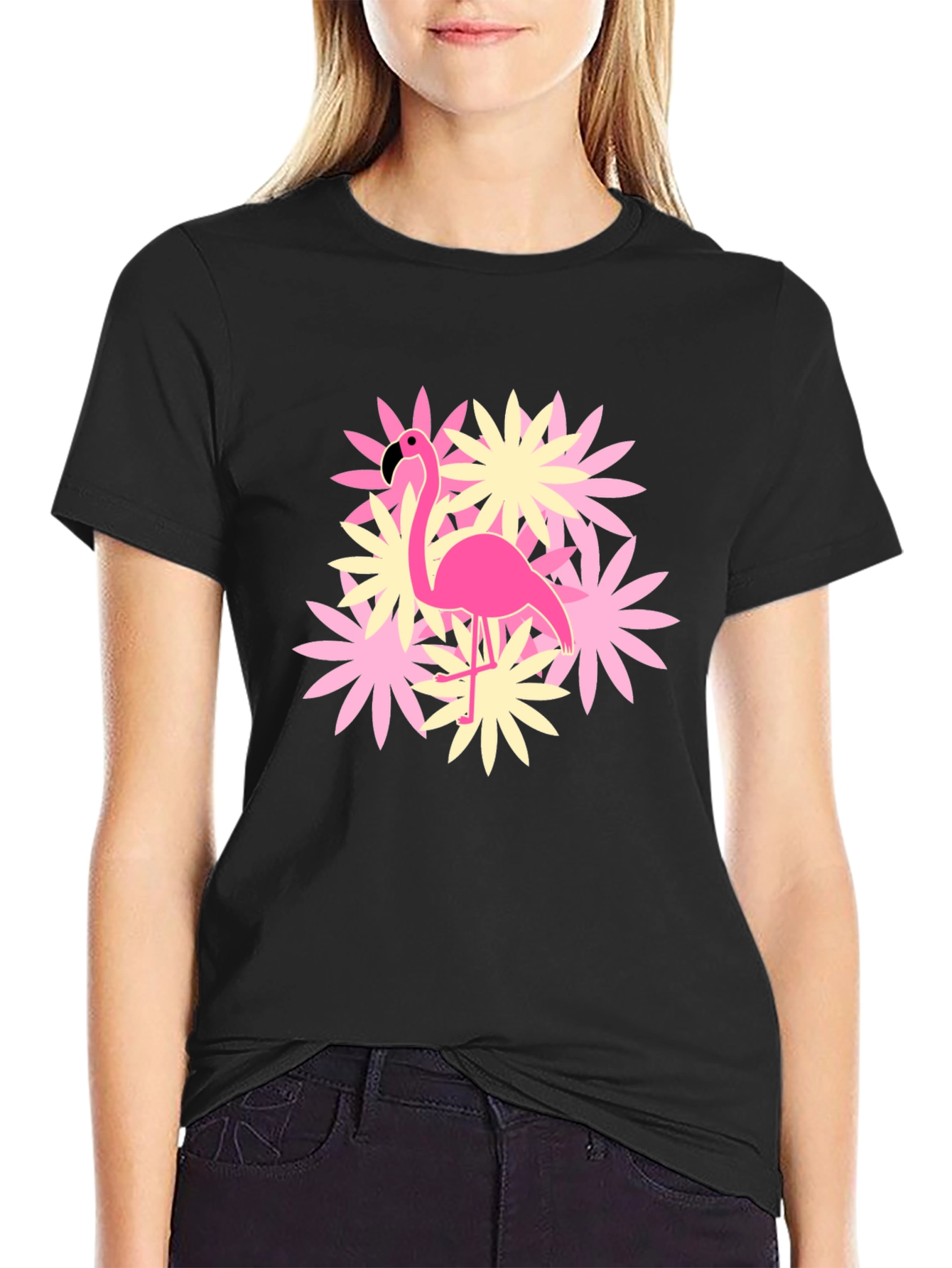Flamingo Flower Graphic T-Shirt - Black