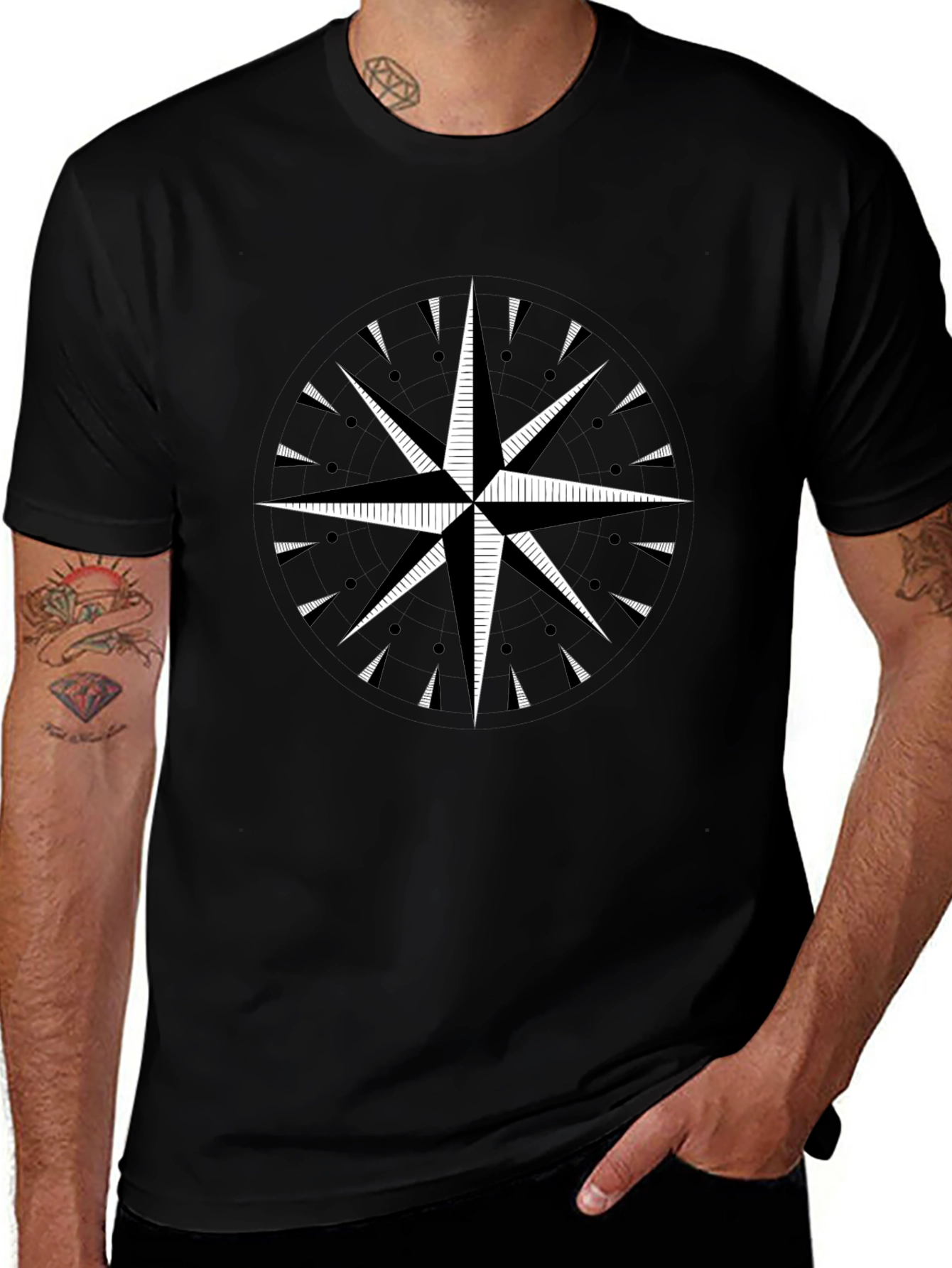 Black T-Shirt with Compass Rose Graphic