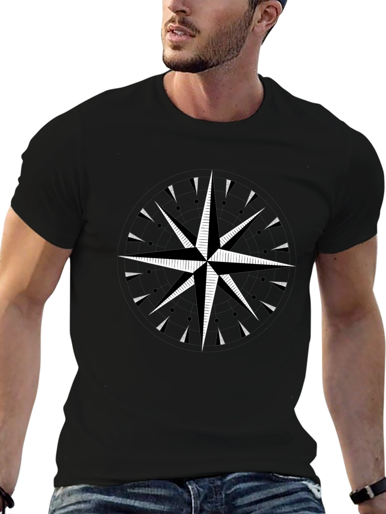 Black T-Shirt with Compass Rose Graphic