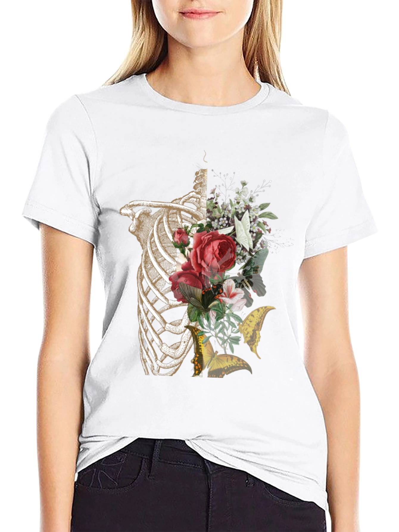 Floral Skeleton Rib Cage Graphic T-Shirt