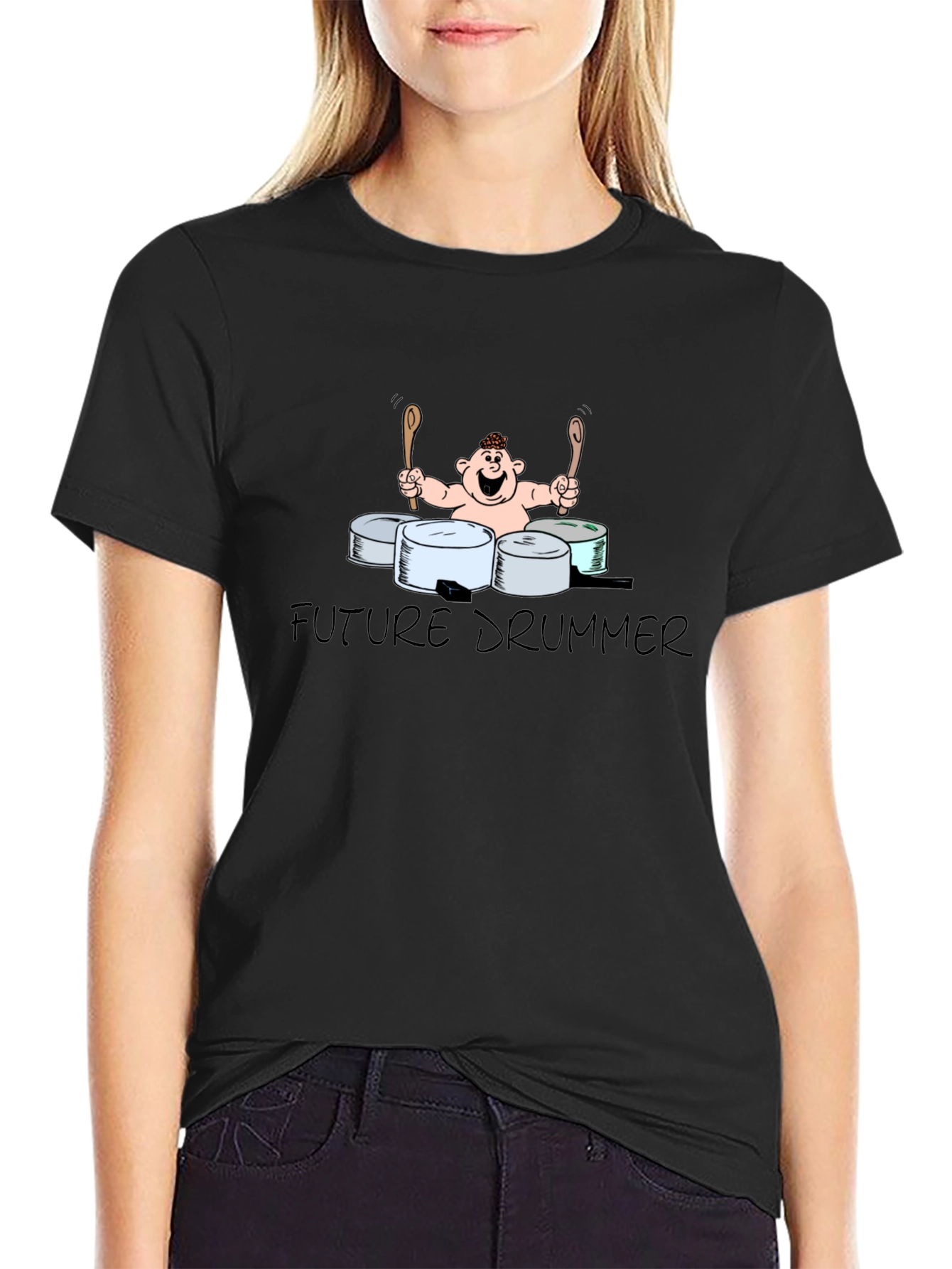 Future Drummer Cartoon Black T-Shirt