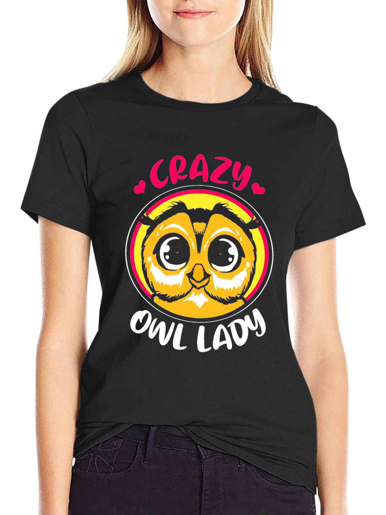 Crazy Owl Lady Black T-Shirt
