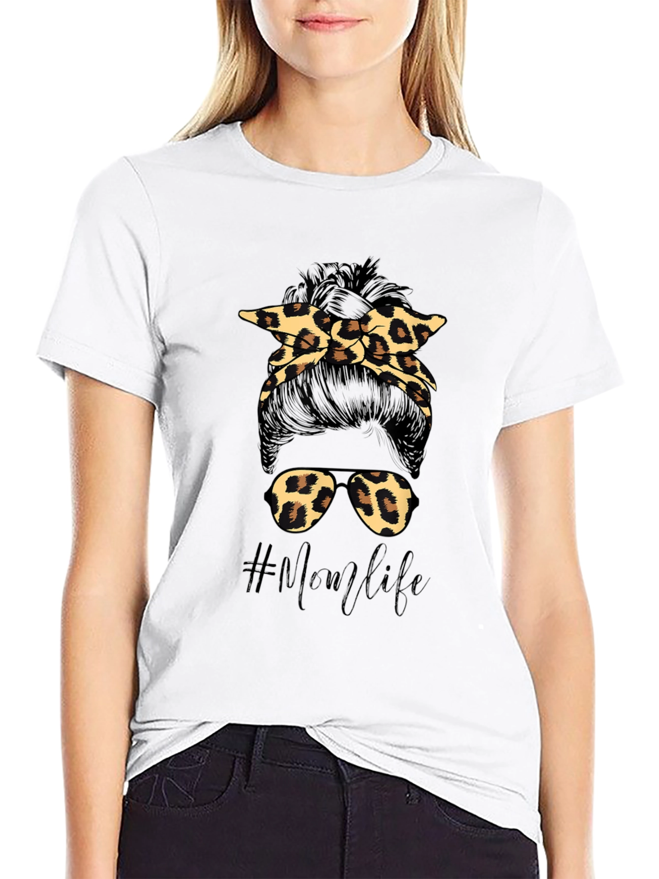 Mom Life Messy Bun Leopard Print T-Shirt