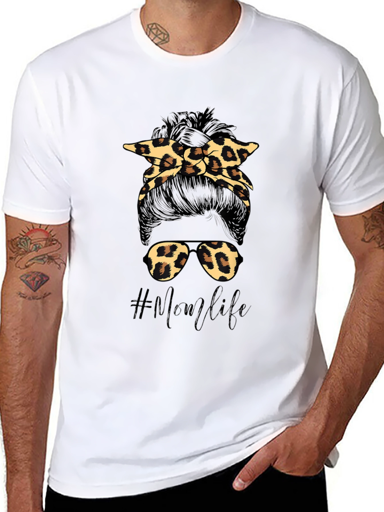 Mom Life Messy Bun Leopard Print T-Shirt