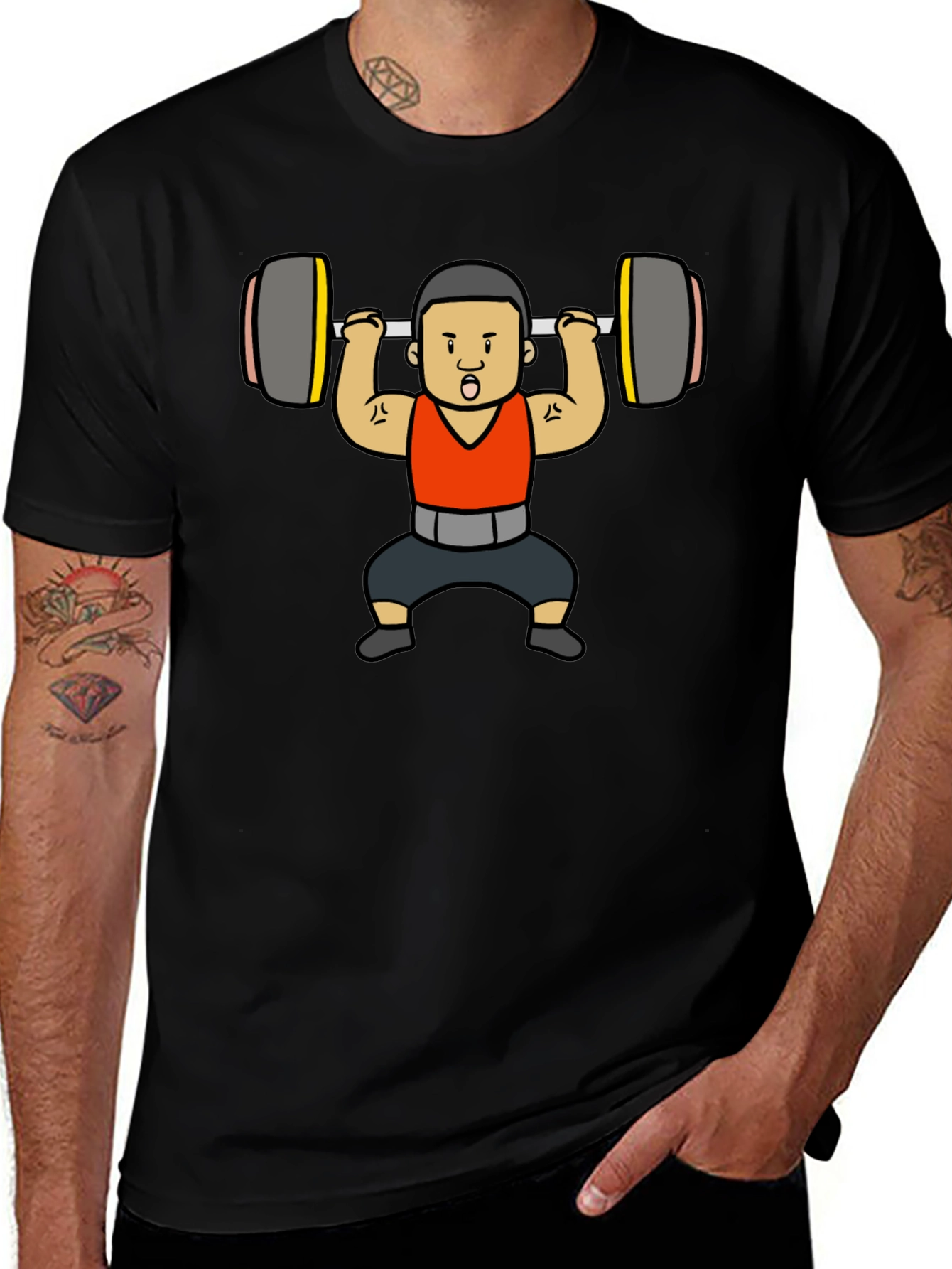 Weightlifter Cartoon Graphic T-Shirt - Black
