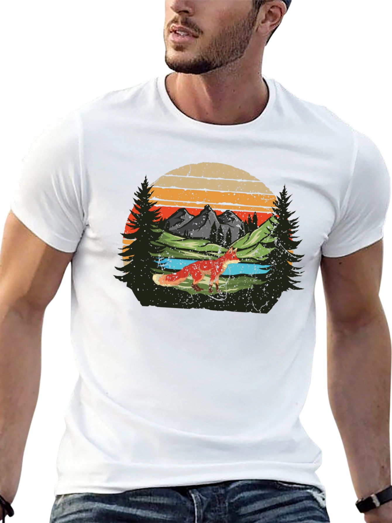 Nature Fox Graphic Tee -  Retro Mountain Scene T-Shirt