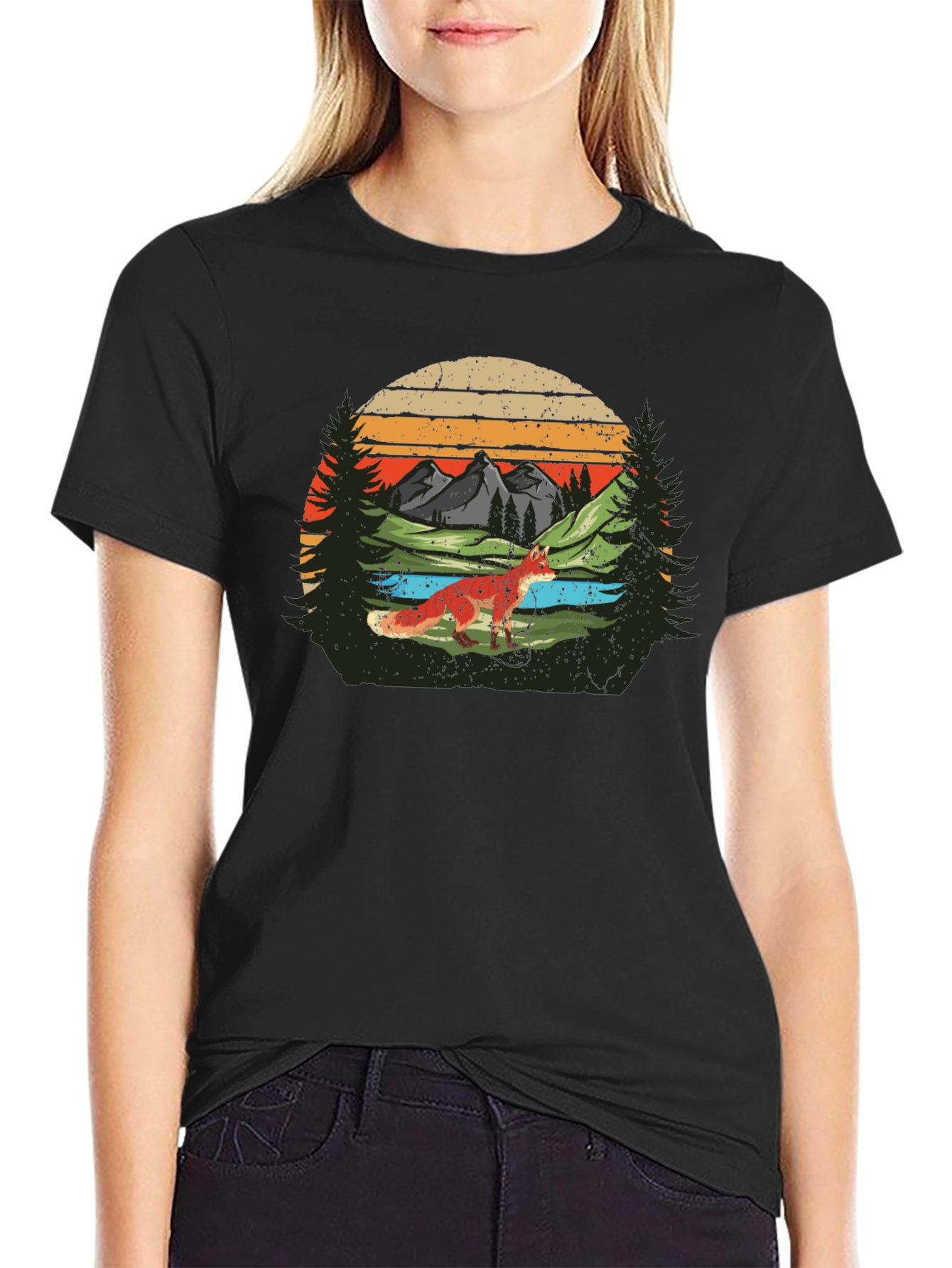 Nature Fox Graphic Tee -  Retro Mountain Scene T-Shirt
