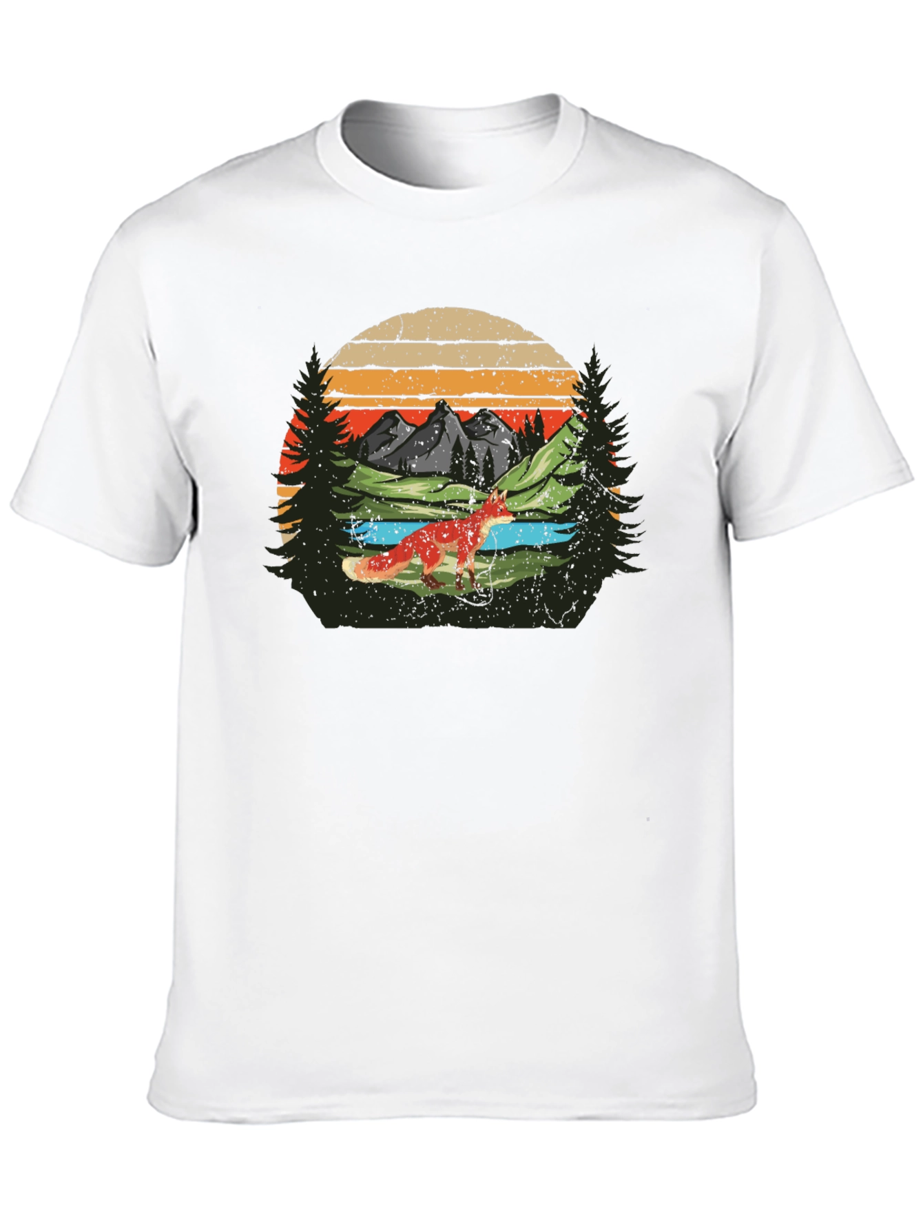 Nature Fox Graphic Tee -  Retro Mountain Scene T-Shirt