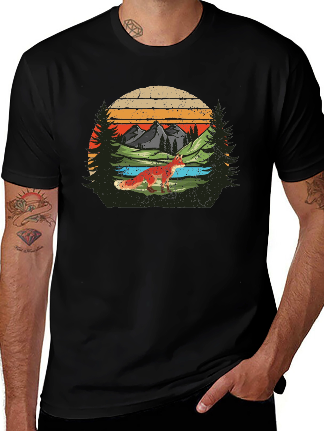 Nature Fox Graphic Tee -  Retro Mountain Scene T-Shirt