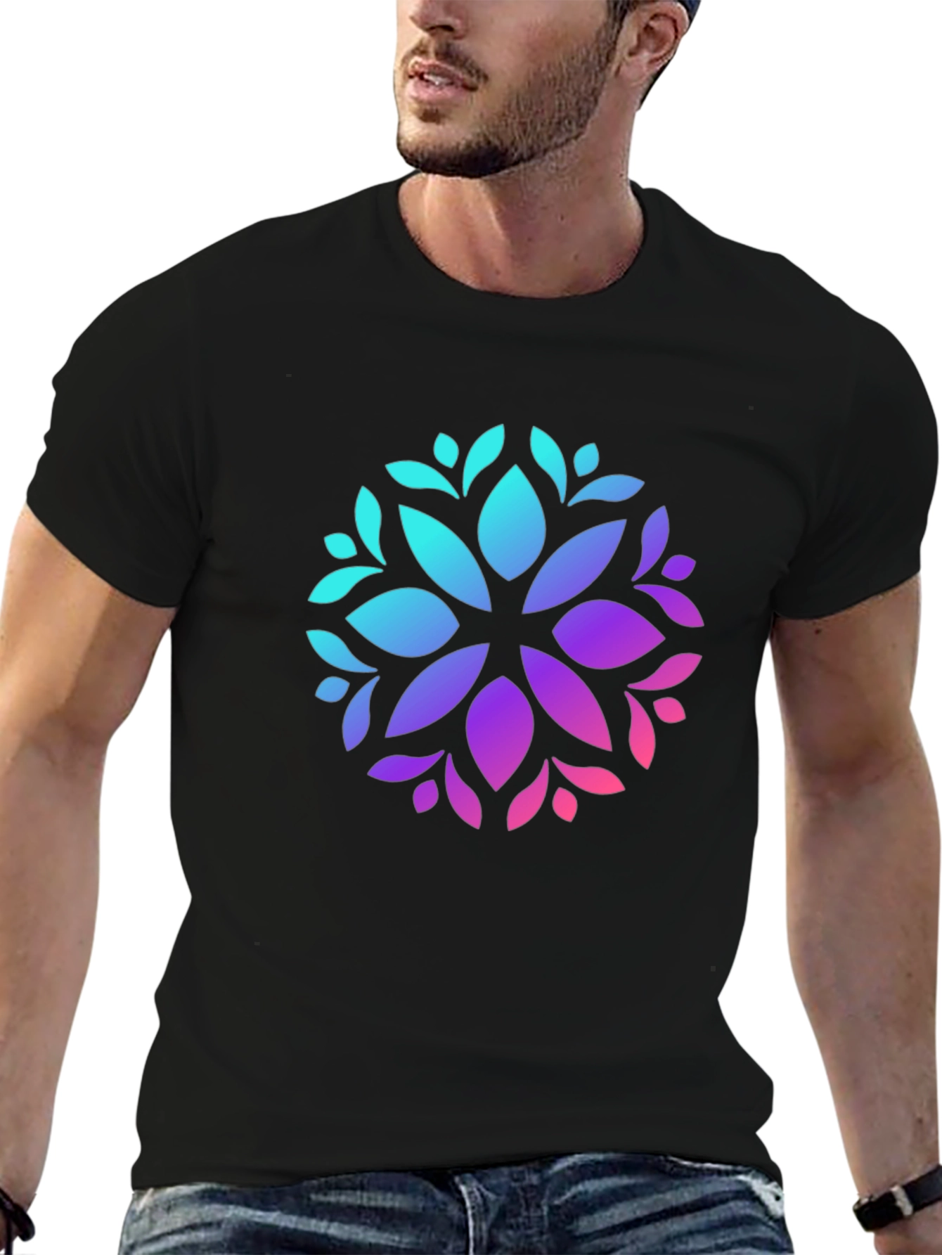 Stylish Black T-Shirt with Vibrant Floral Mandala Design