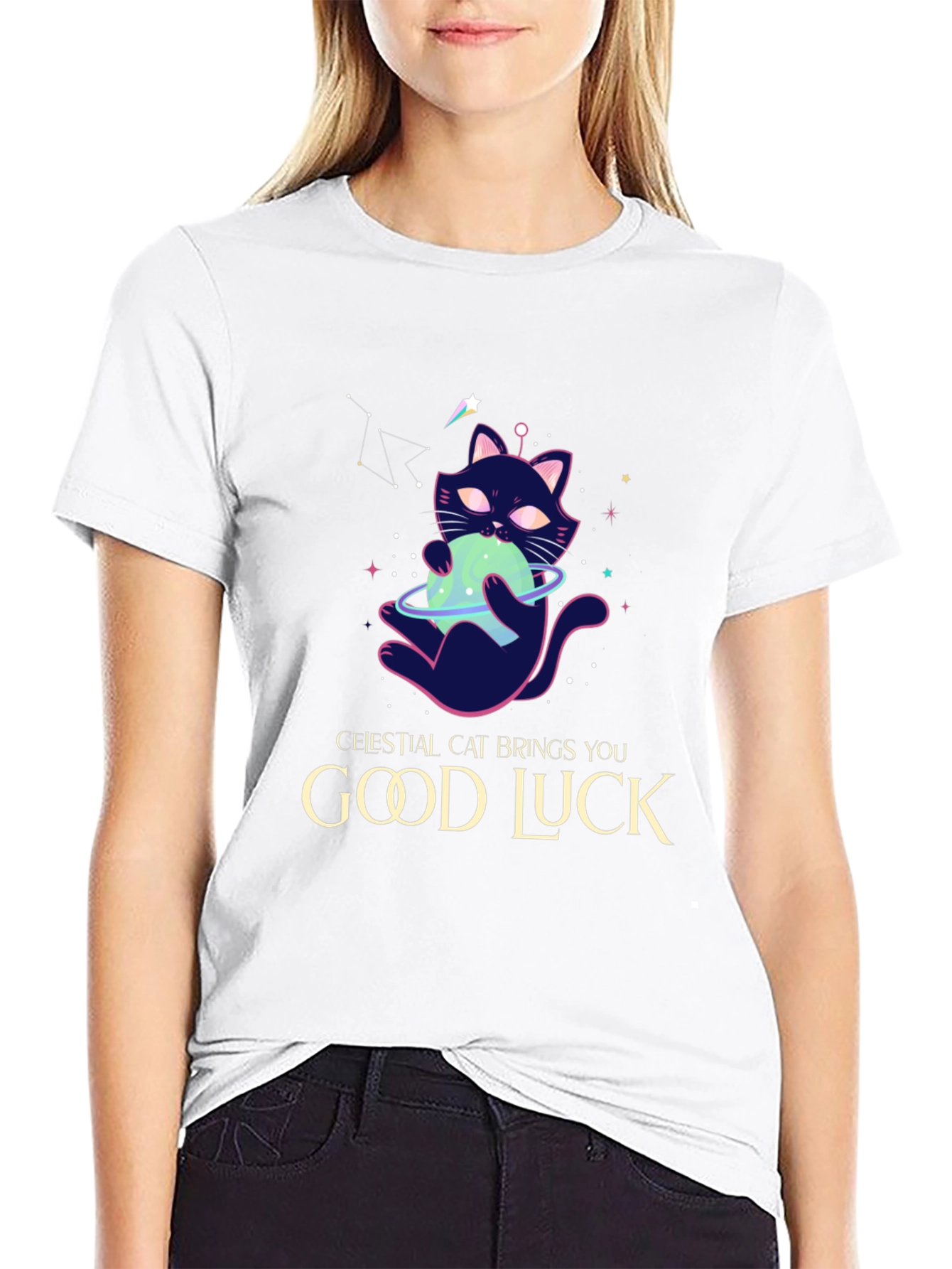 Celestial Cat Good Luck Graphic Tee - Black