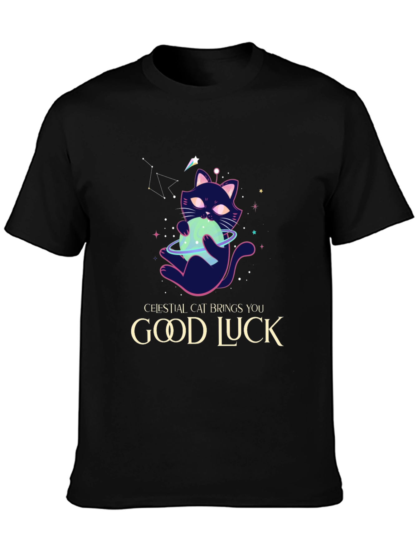 Celestial Cat Good Luck Graphic Tee - Black
