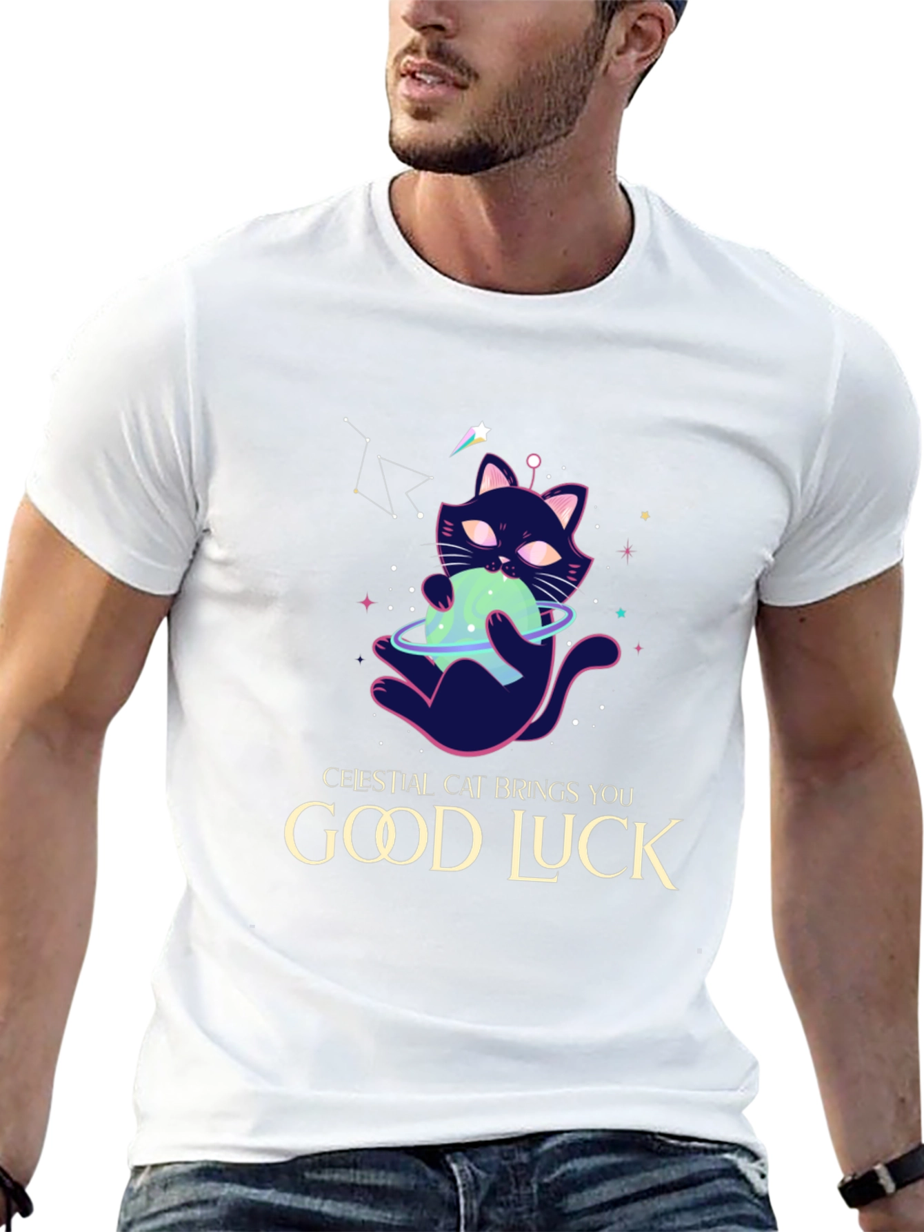 Celestial Cat Good Luck Graphic Tee - Black