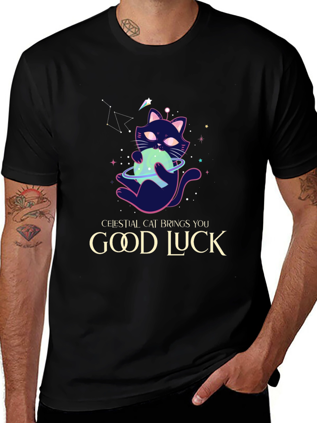 Celestial Cat Good Luck Graphic Tee - Black