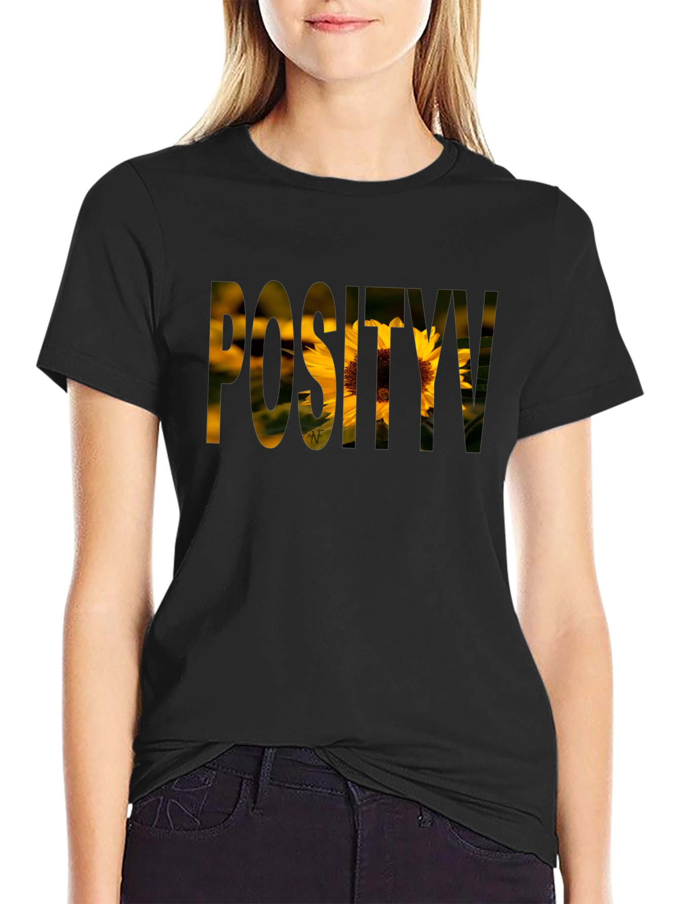 Positivity Sunflower Graphic Black T-Shirt