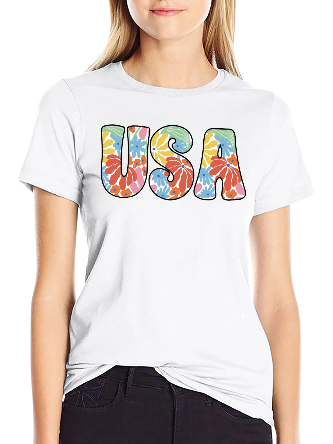 Floral USA Graphic Tee - Retro Style