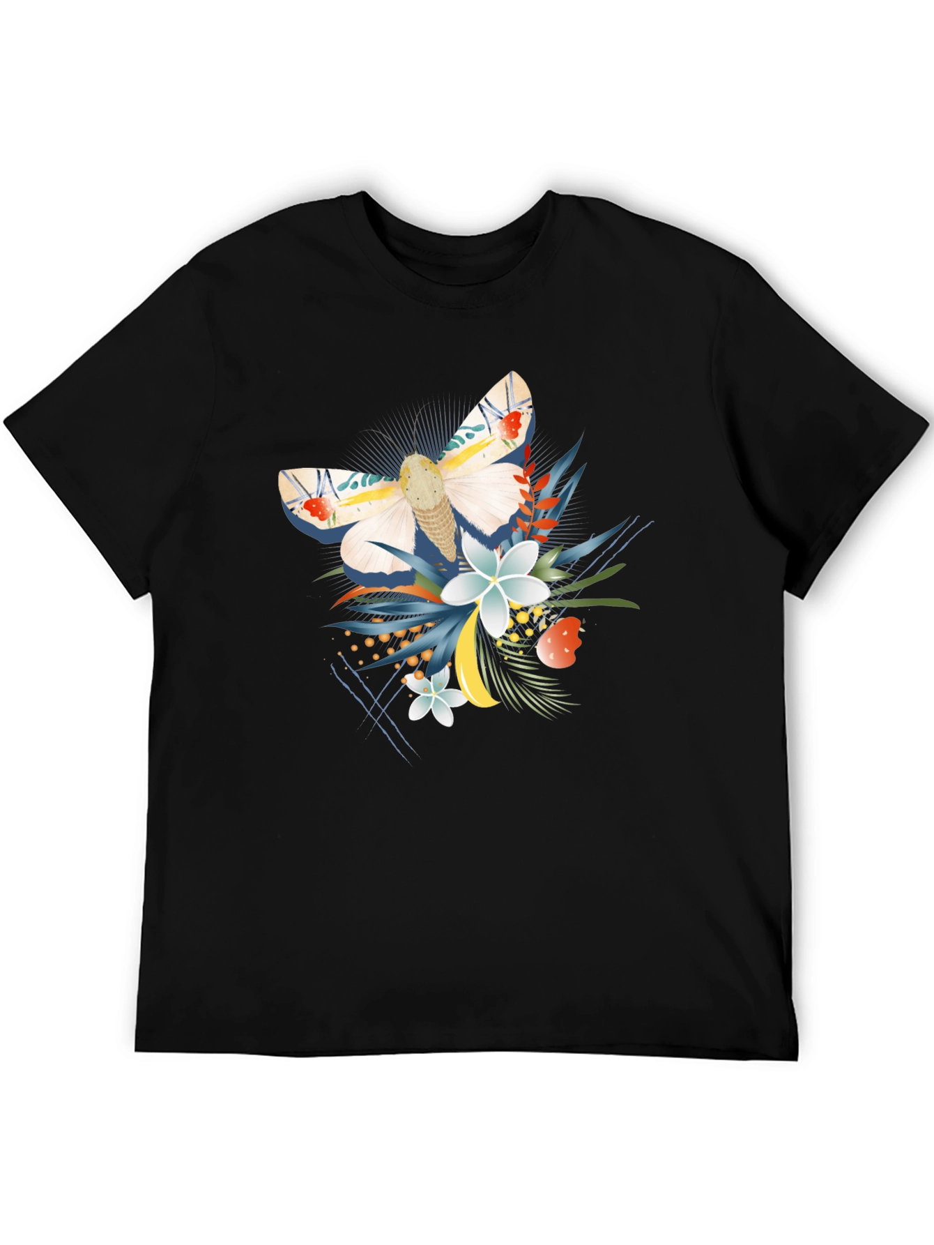 Moth and Floral Graphic Black T-Shirt