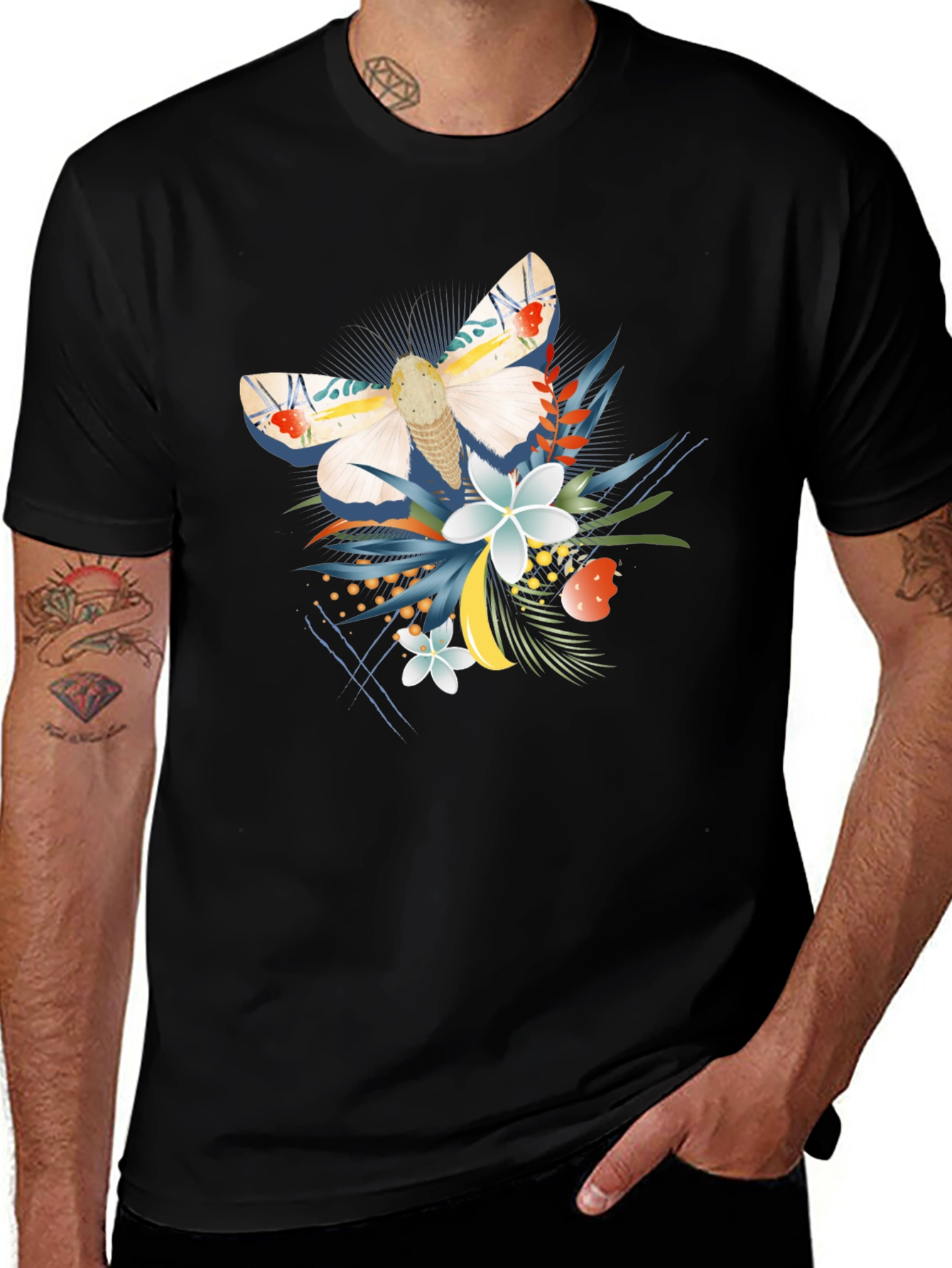 Moth and Floral Graphic Black T-Shirt