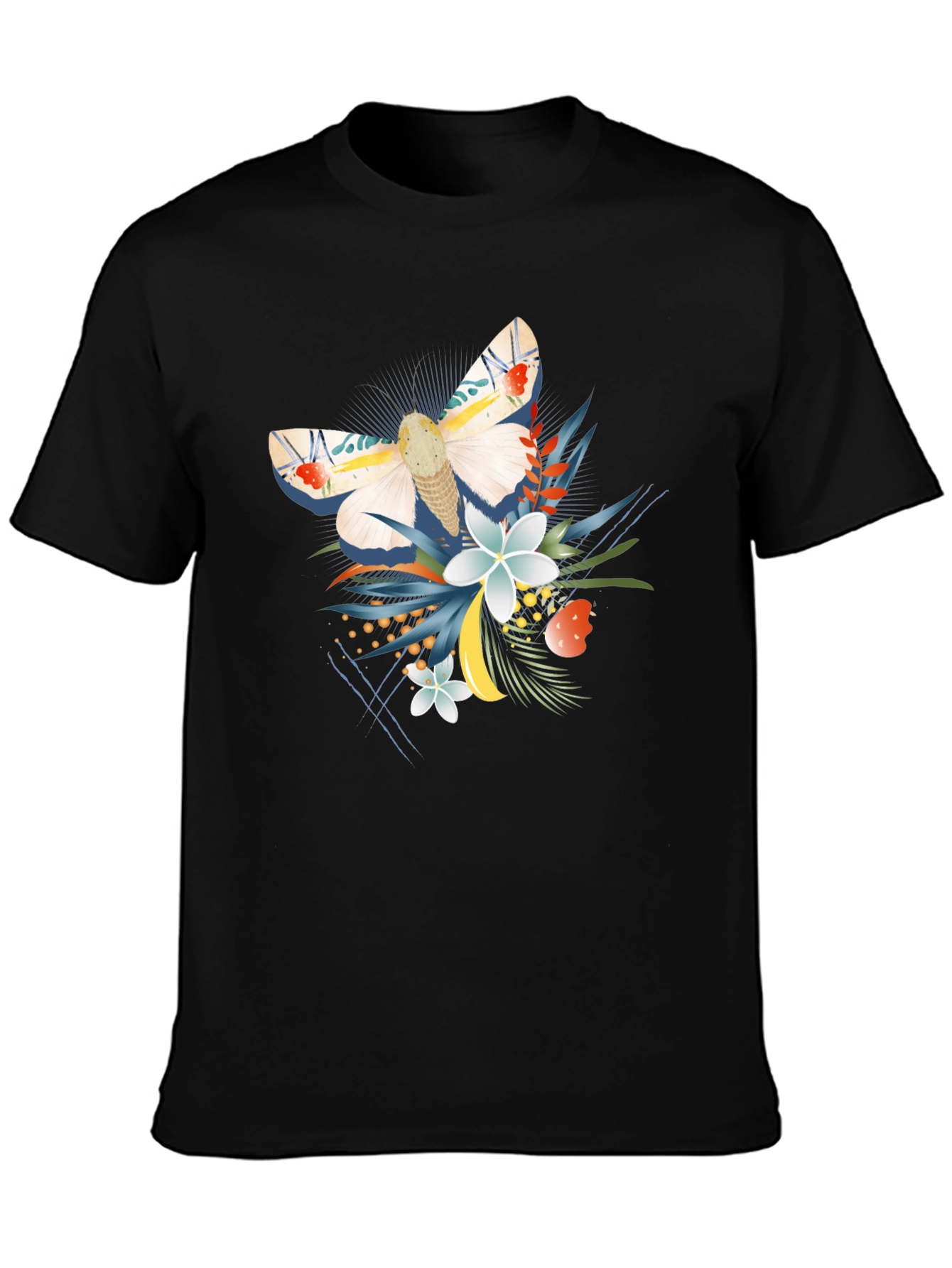 Moth and Floral Graphic Black T-Shirt
