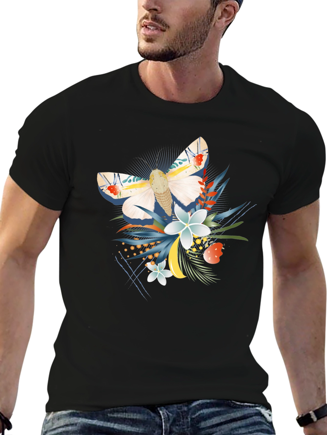Moth and Floral Graphic Black T-Shirt