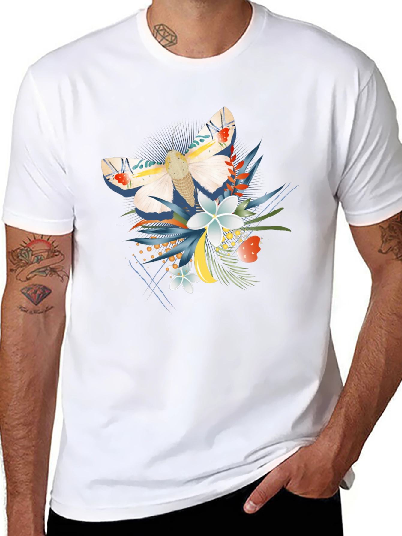 Moth and Floral Graphic Black T-Shirt