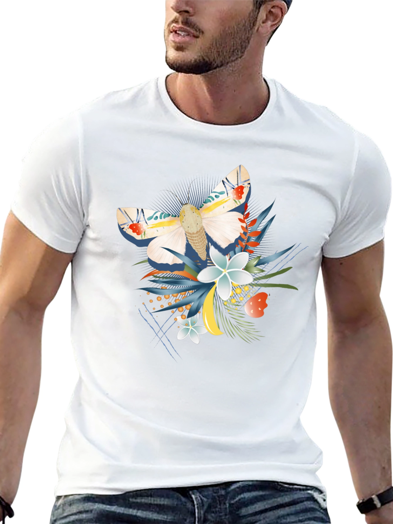 Moth and Floral Graphic Black T-Shirt