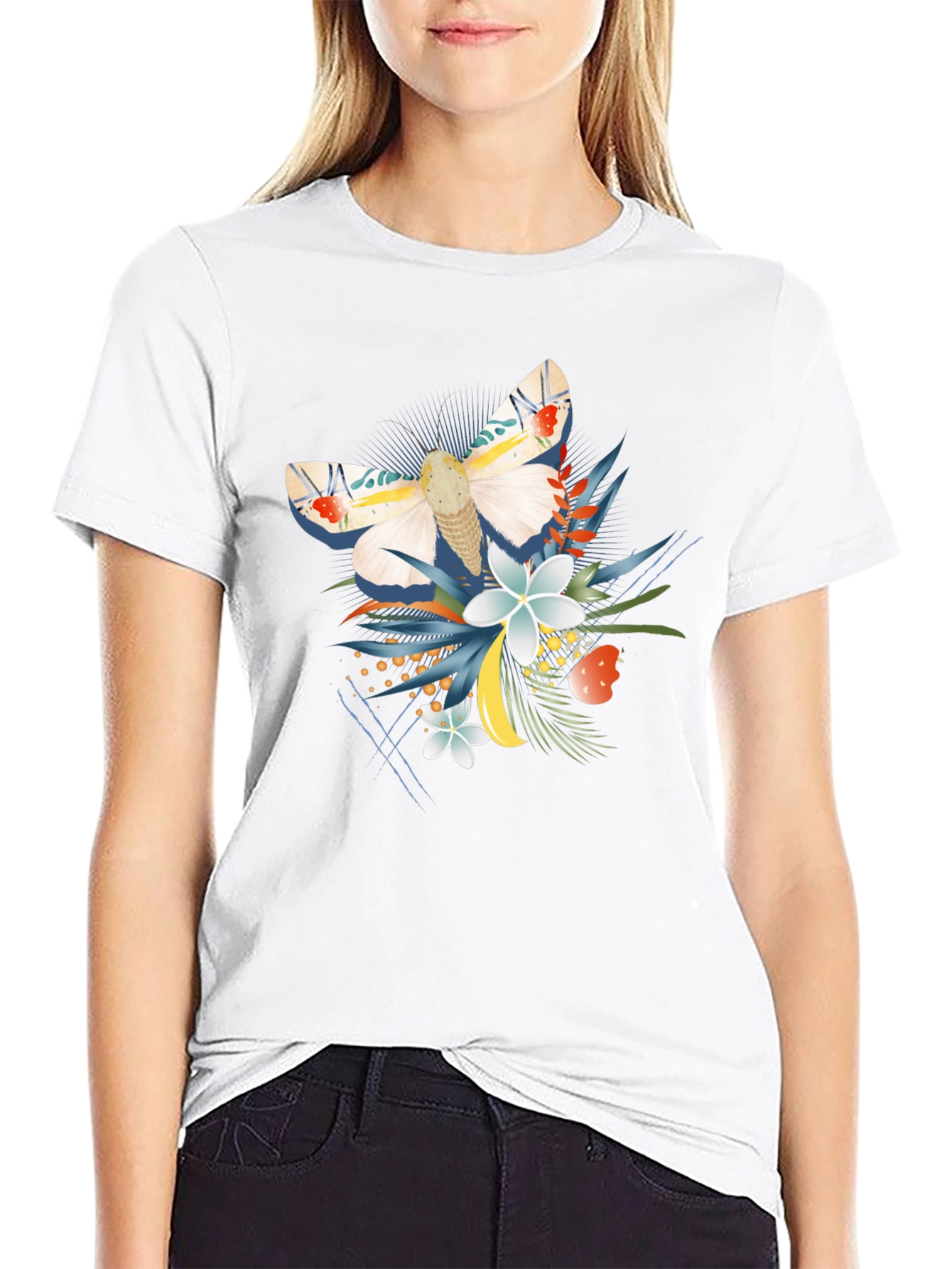 Moth and Floral Graphic Black T-Shirt