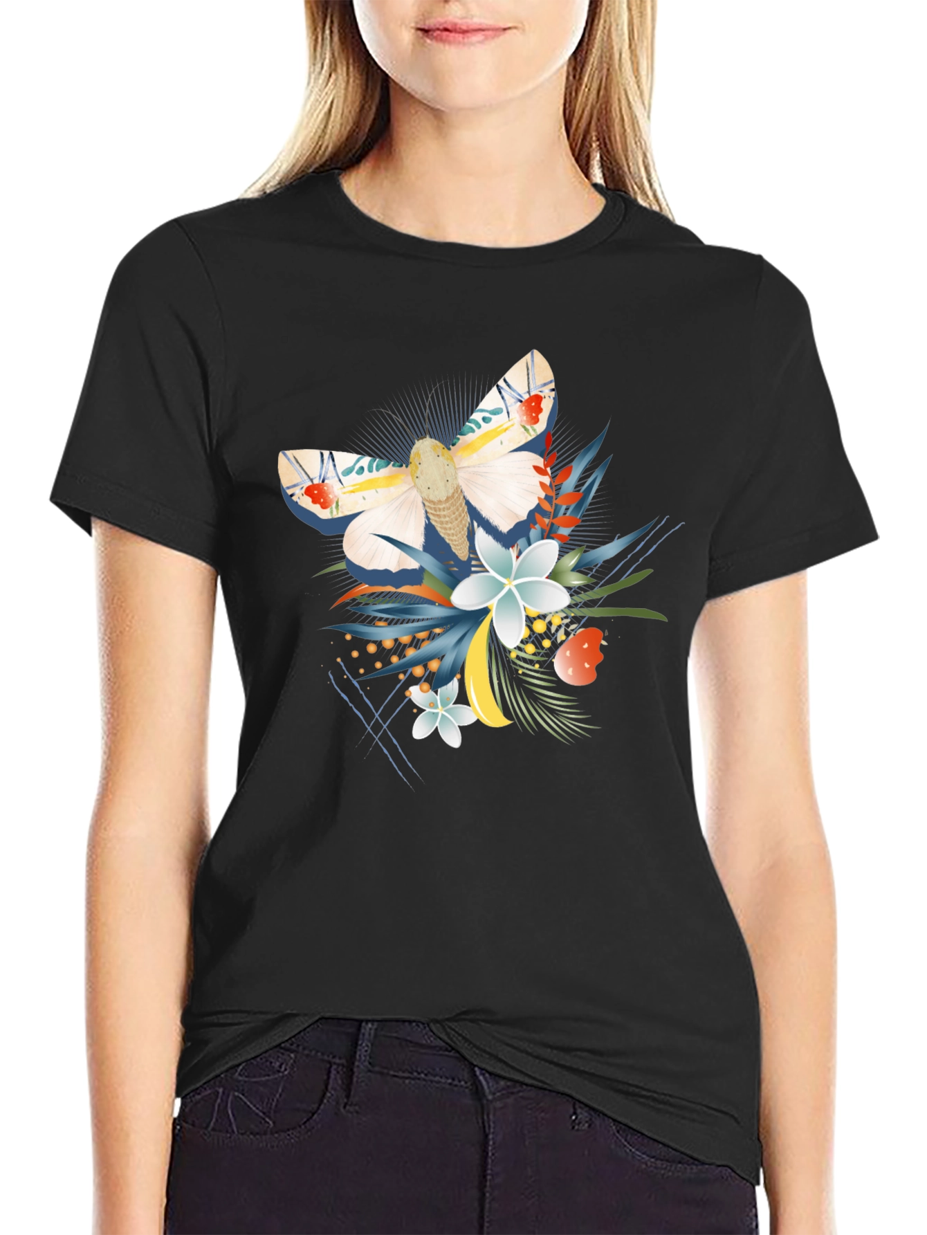Moth and Floral Graphic Black T-Shirt