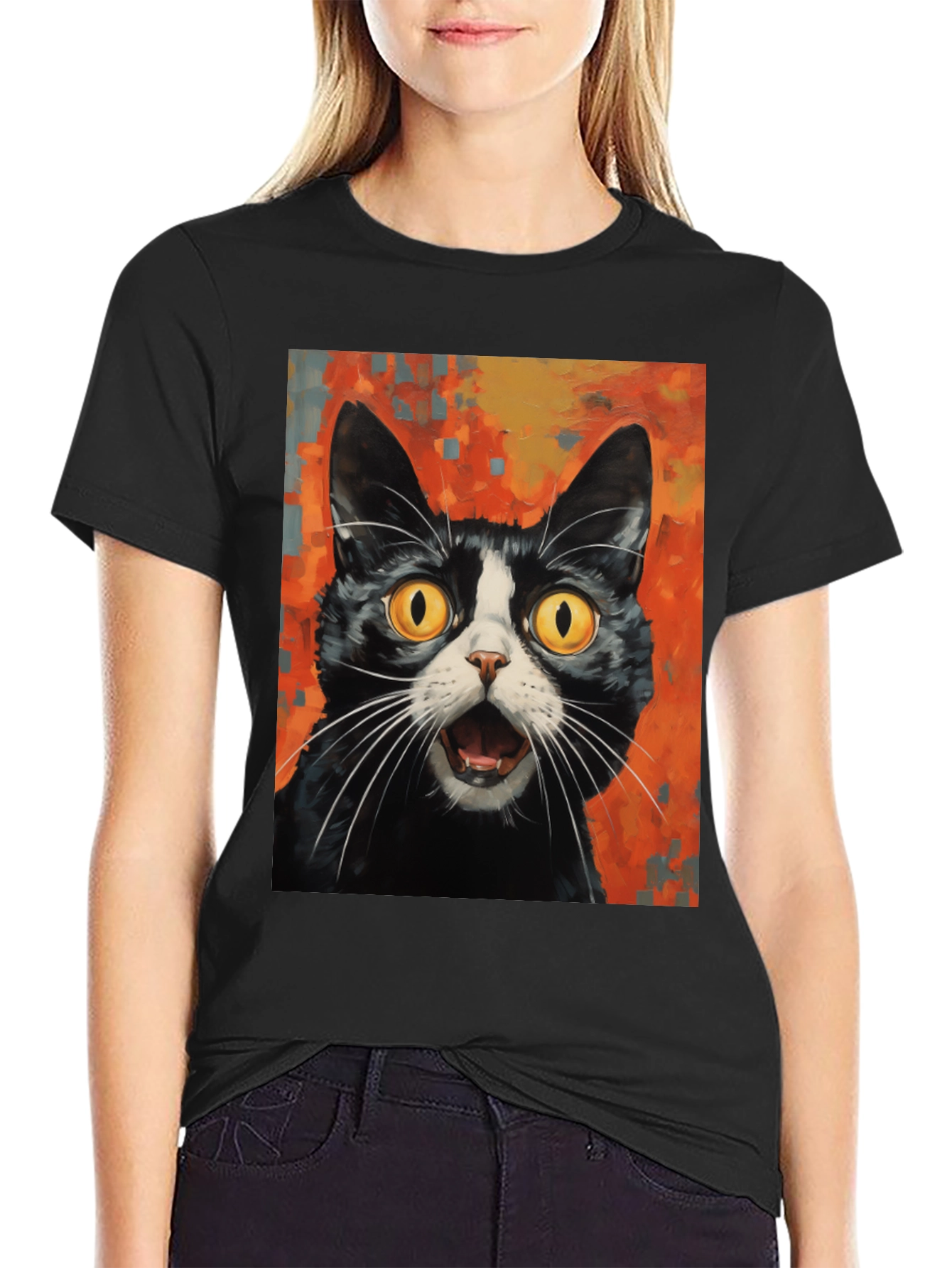 Shocked Cat Graphic Tee - Black Cotton T-Shirt