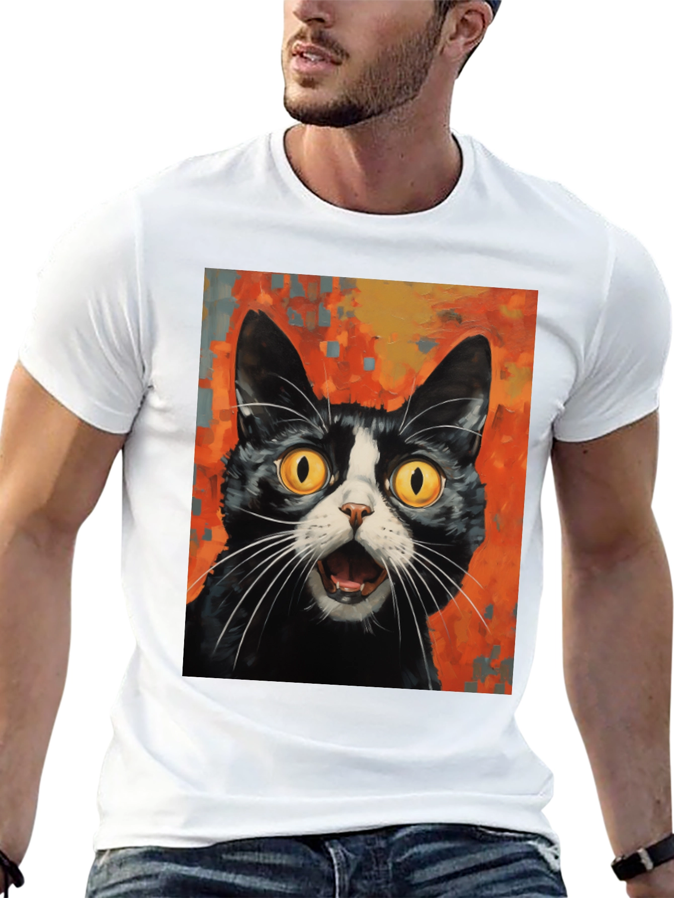 Shocked Cat Graphic Tee - Black Cotton T-Shirt