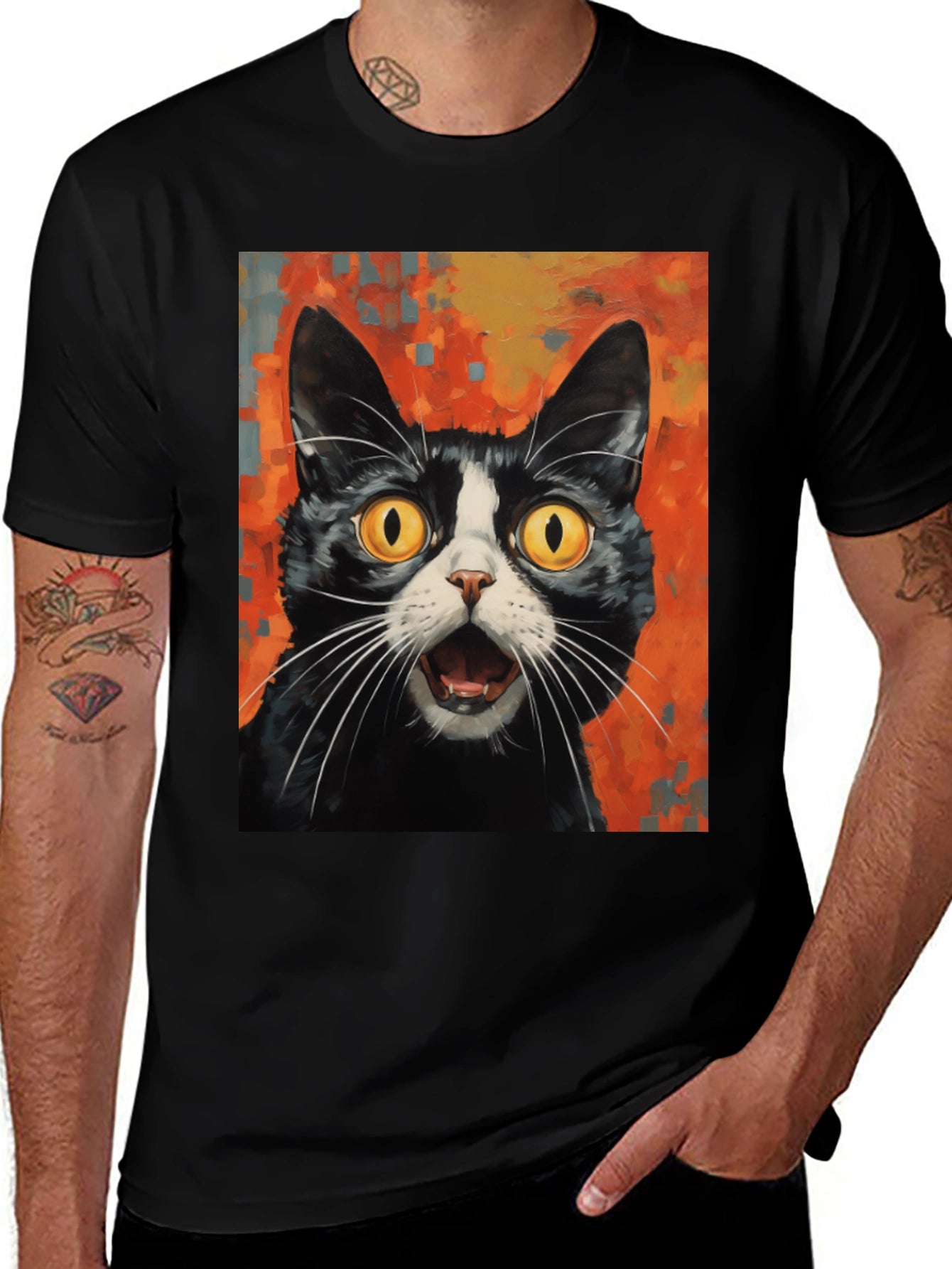 Shocked Cat Graphic Tee - Black Cotton T-Shirt