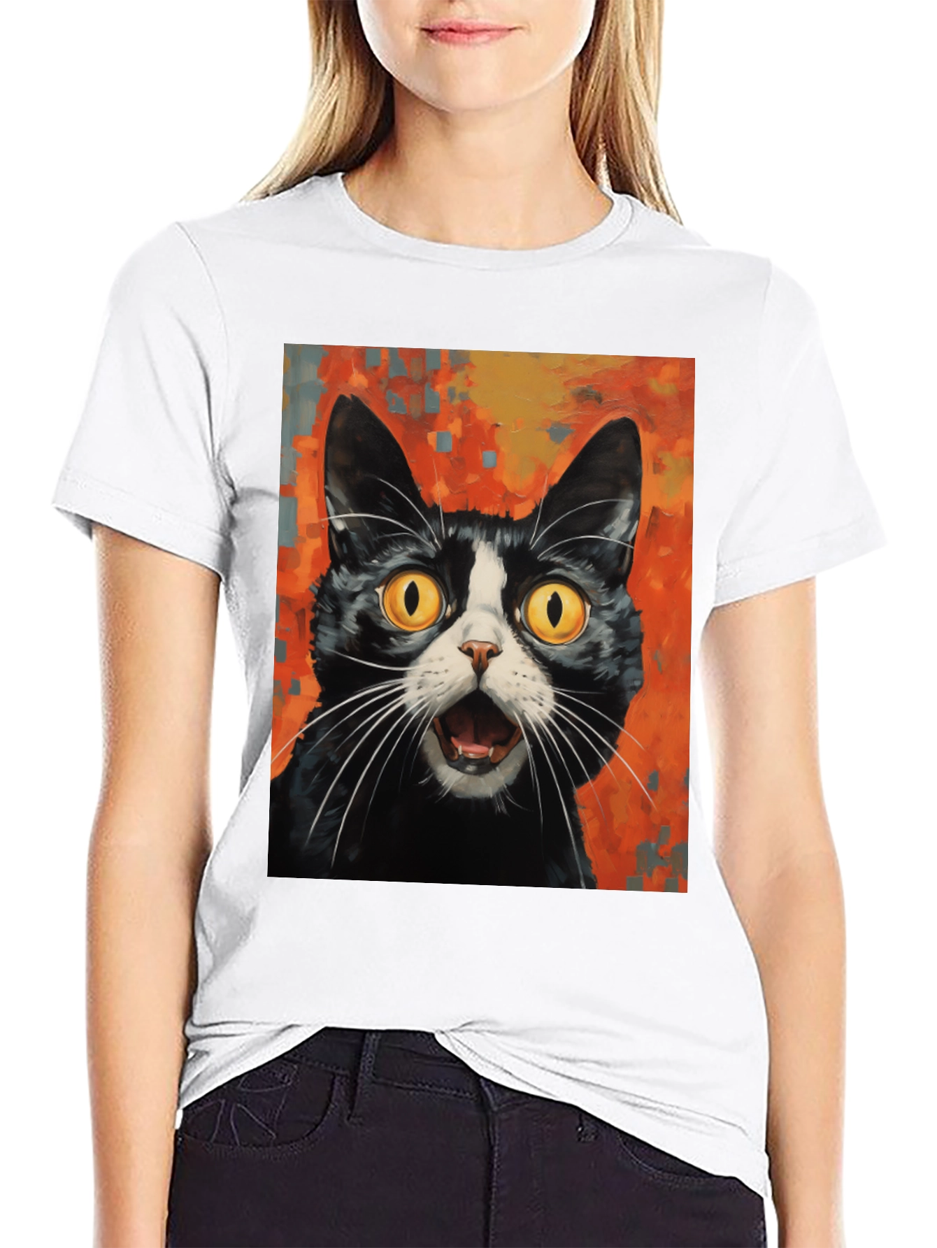 Shocked Cat Graphic Tee - Black Cotton T-Shirt